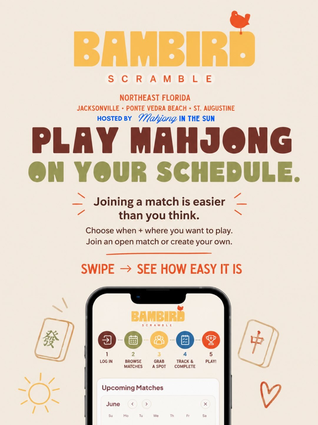 Think joining a mahjong league means committing to the same day, time + place every week? Not the Bambird Scramble. 🐦🀄️

The portal that @mahjinthecity built makes it SO easy to play when and where it works for you:

✨ Browse open matches
✨ Join on
