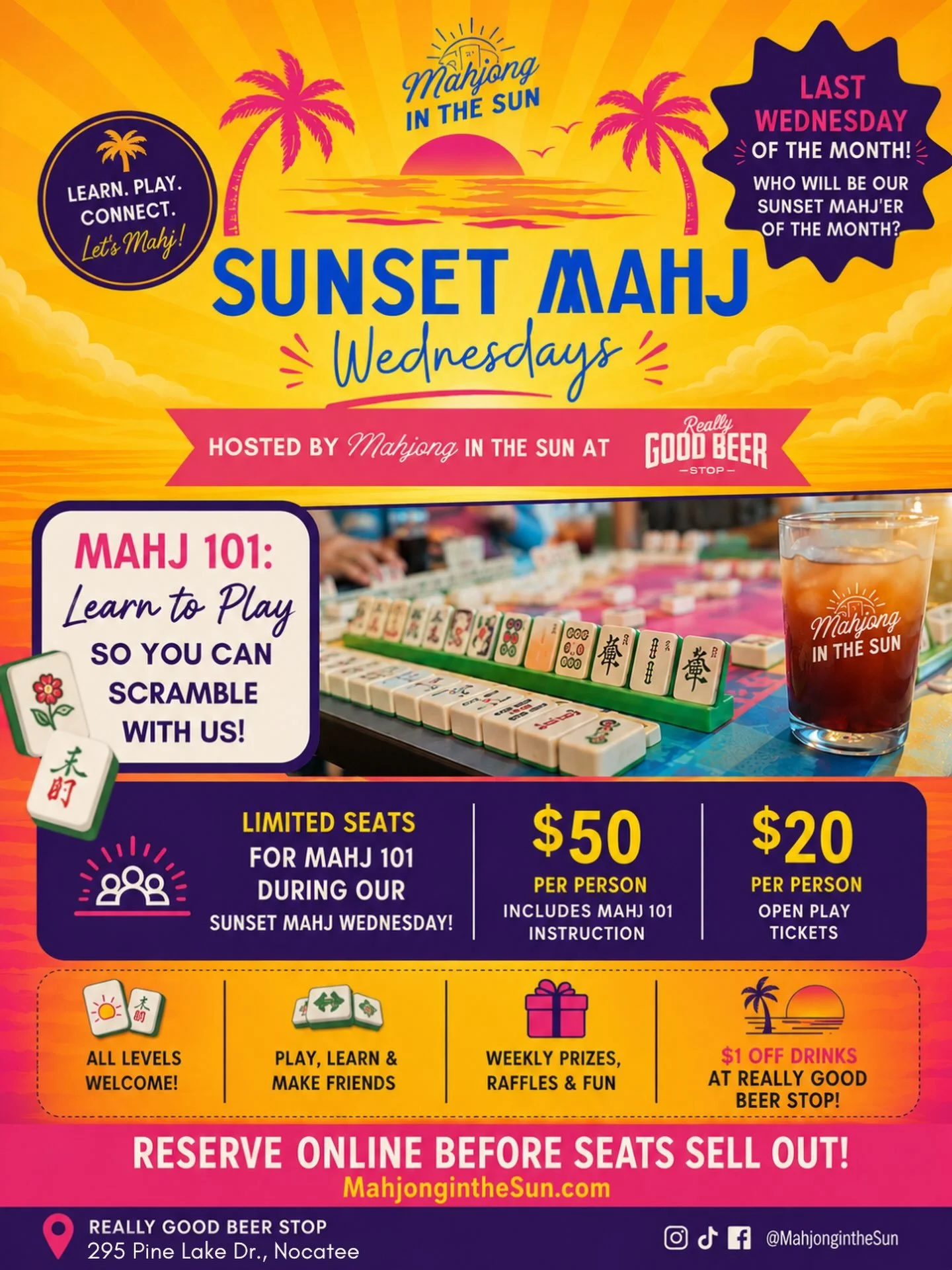 Join us for Sunset Mahj Wednesday TOMORROW, August 26th at @ReallyGoodBeerStopNocatee from 6&ndash;9 PM! 

JUST ADDED &mdash; MAHJONG 101! 🎉
We&rsquo;ve had so many people reach out wanting to learn how to play so they can join us for the @BambirdSc