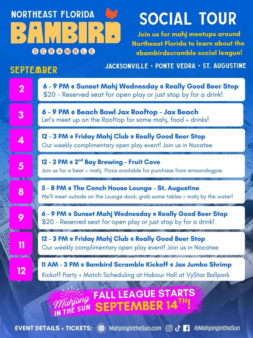 NORTHEAST FLORIDA MAHJONG PLAYERS &mdash; LET&rsquo;S MEET UP! 

We&rsquo;re taking the @bambirdscramble Social Tour around Northeast Florida over the next two weeks &mdash; and we want YOU at the table!

From Jacksonville to Ponte Vedra to St. Augus