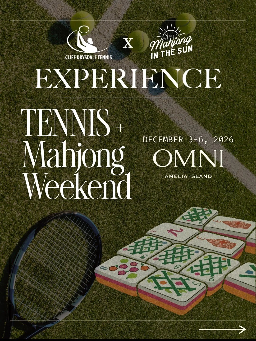 We&rsquo;re officially getting closer to our Tennis + Mahjong Weekend at Omni Amelia Island Resort, December 3&ndash;6!

Mahjong in the Sun is teaming up with @cliffdrysdalemanagement for four days that combine two of our favorite games with everythi