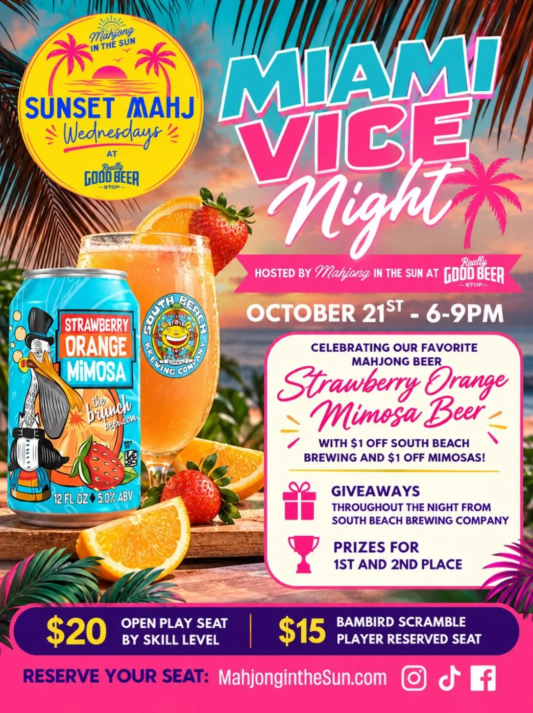 🌴 MIAMI VICE NIGHT is coming to Sunset Mahj Wednesday! 🩷🀄🍓🍊

Join us Wednesday, October 21 from 6&ndash;9 PM at @reallygoodbeerstopnocatee for a special Miami Vice edition of Sunset Mahj!

We&rsquo;re featuring one of our favorite mahjong beers 