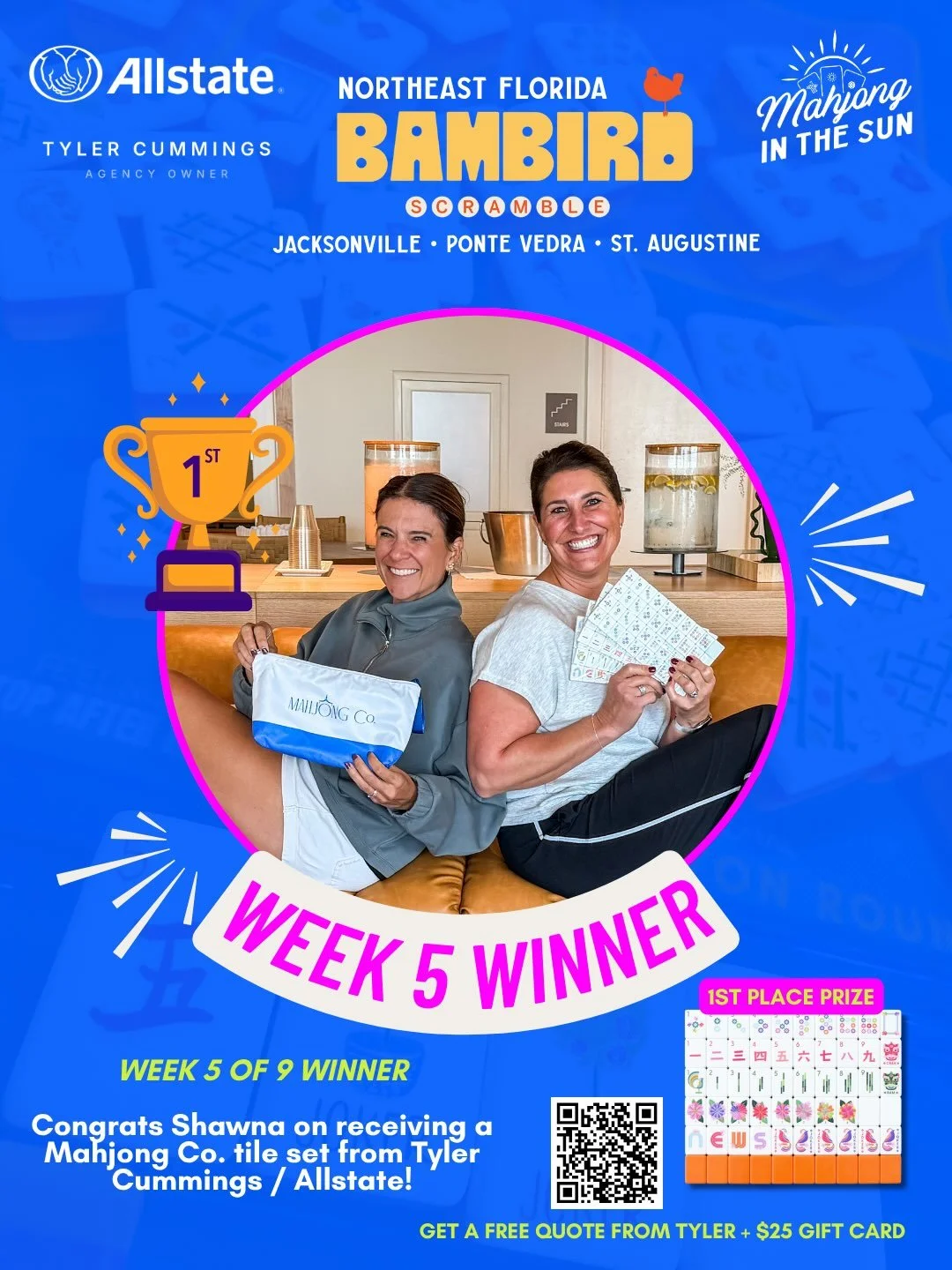 Congrats to our Week 5 @bambirdscramble Winners and Top 9 out of 147 players in Northeast Florida! We love doing our weekly challenges and this has been another fun week of mahj&rsquo;ing around the community. 

🥇 @shawnaporter8 - wins the @mahjong_