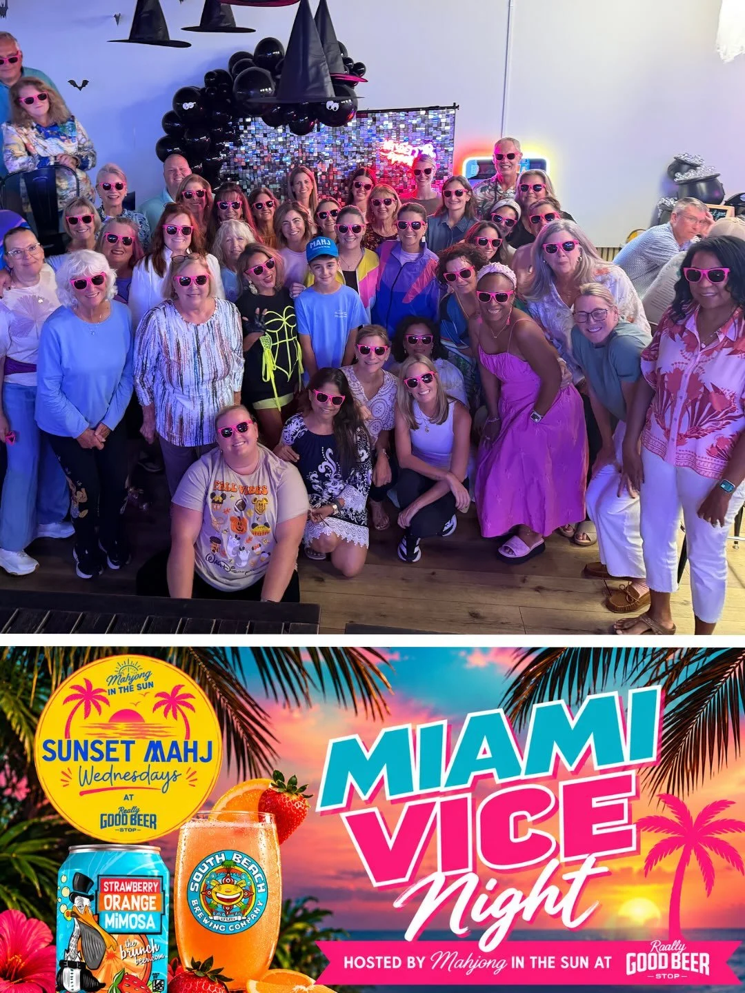 Such a blast at Miami Vice Night at Sunset Mahj Wednesday @reallygoodbeerstopnocatee! @southbeachbrew Strawberry Orange Mimosa beers, match leaderboard with prizes, and lots of laughs around the tables. We do it again next Wednesday for Halloween Mah