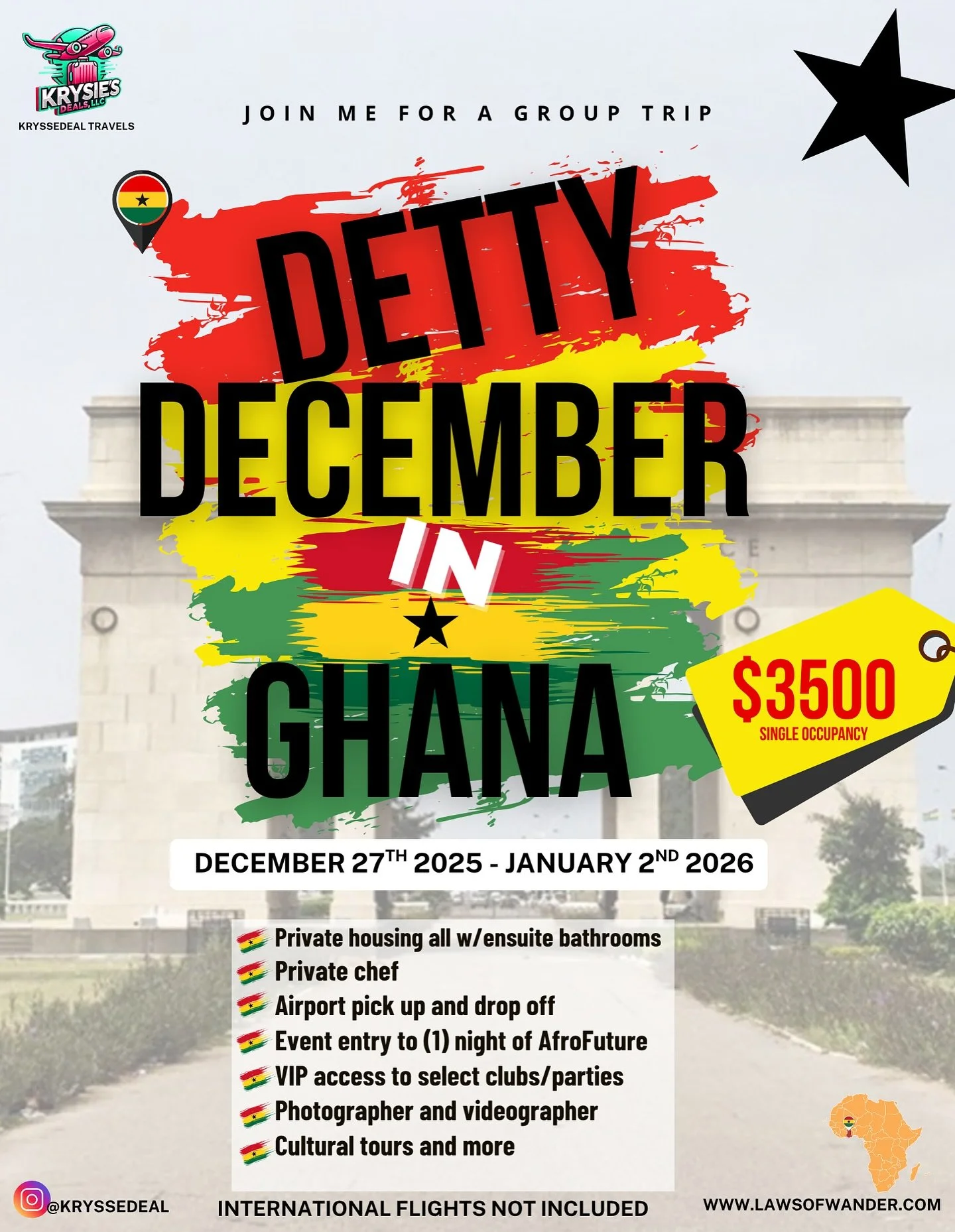 Are you ready to get Detty this December? Join me in Ghana to ring in the new year! 🪩 💃🏾 🕺🏾 🇬🇭 
Link in BIO to join

$3500 SINGLE OCCUPANCY

🇬🇭 private housing/ all rooms with en-suite bathrooms 
🇬🇭 Airport pick up and drop off
🇬🇭 In hou