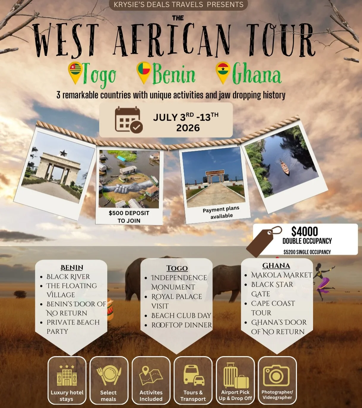 🌍 THE WEST AFRICAN TOUR 2026 IS LIVE! 🇹🇬🇧🇯🇬🇭
Are you ready to explore three incredible countries filled with rich culture, unforgettable activities, and jaw-dropping history?
🔗 LINK IN BIO to secure your spot
📅 July 3rd&ndash;13th, 2026
🔒 $