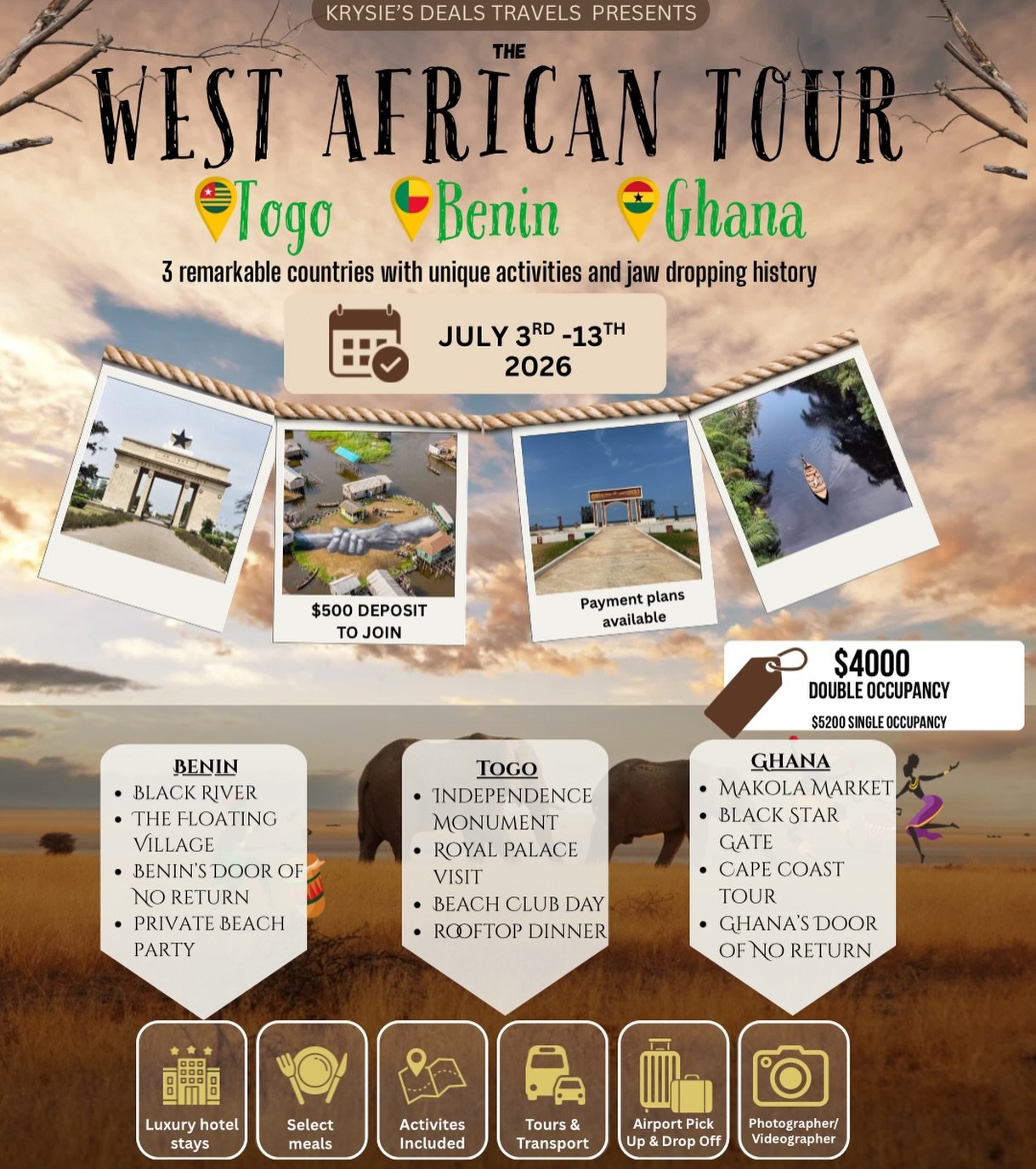 🌍 THE WEST AFRICAN TOUR 2026 IS LIVE! 🇹🇬🇧🇯🇬🇭
Are you ready to explore three incredible countries filled with rich culture, unforgettable activities, and jaw-dropping history?
🔗 LINK IN BIO to secure your spot
📅 July 3rd&ndash;13th, 2026
🔒 $