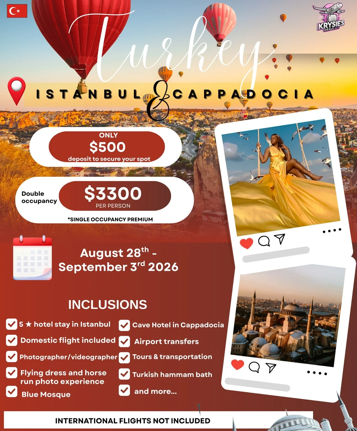 We&rsquo;re going to TURKEY!✨🇹🇷
📅 Dates: August 28th to September 3rd 2026 

$500 deposit to secure your spot  💰 $3300 double occupancy | $4300 single occupancy 

Link in bio to book 

🌟 Trip Inclusions  🏨 Hotel stay in Istanbul + Cave hotel in