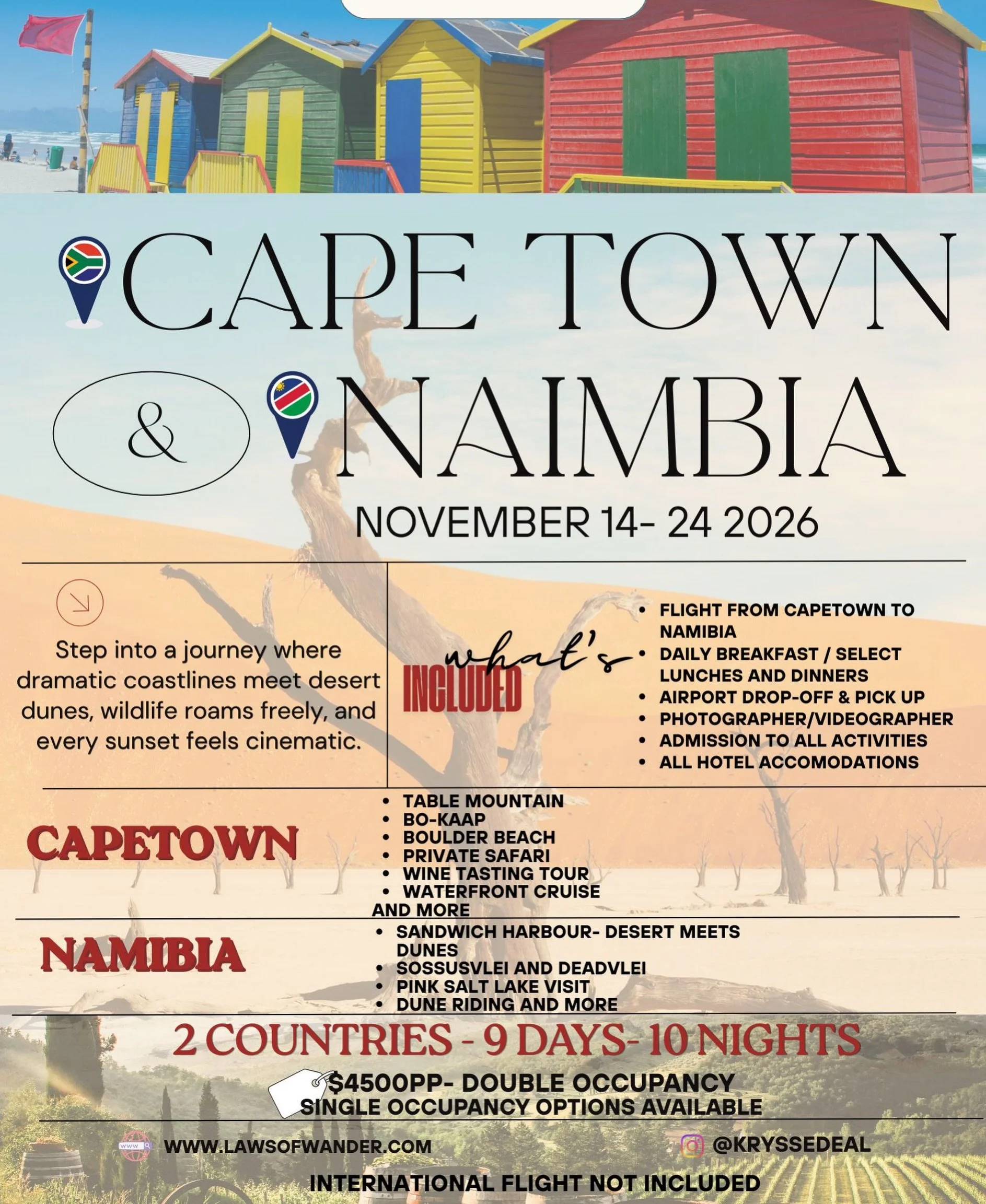 CAPE TOWN and NAMIBIA you&rsquo;re up next!✨🇿🇦🇳🇦
📅 Dates: November 14th to November 24th, 2026

$500 deposit to secure your spot
💰 $4500 double occupancy

Link in bio to book

🌟 Trip Inclusions
✈️Flight from Capetown to Namibia 
🏨 Luxury hote