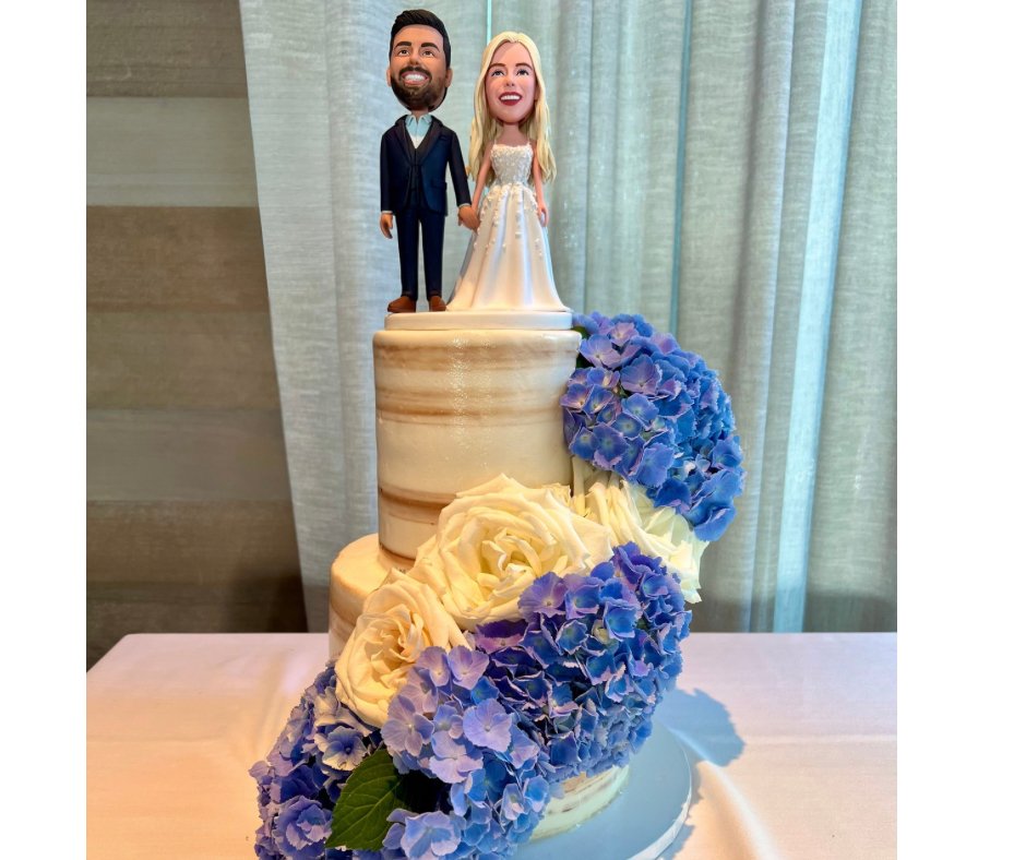 Rustic Wedding Cake with Hydrangeas &amp; a Custom Bobblehead Topper | AutoCamp Cape Cod