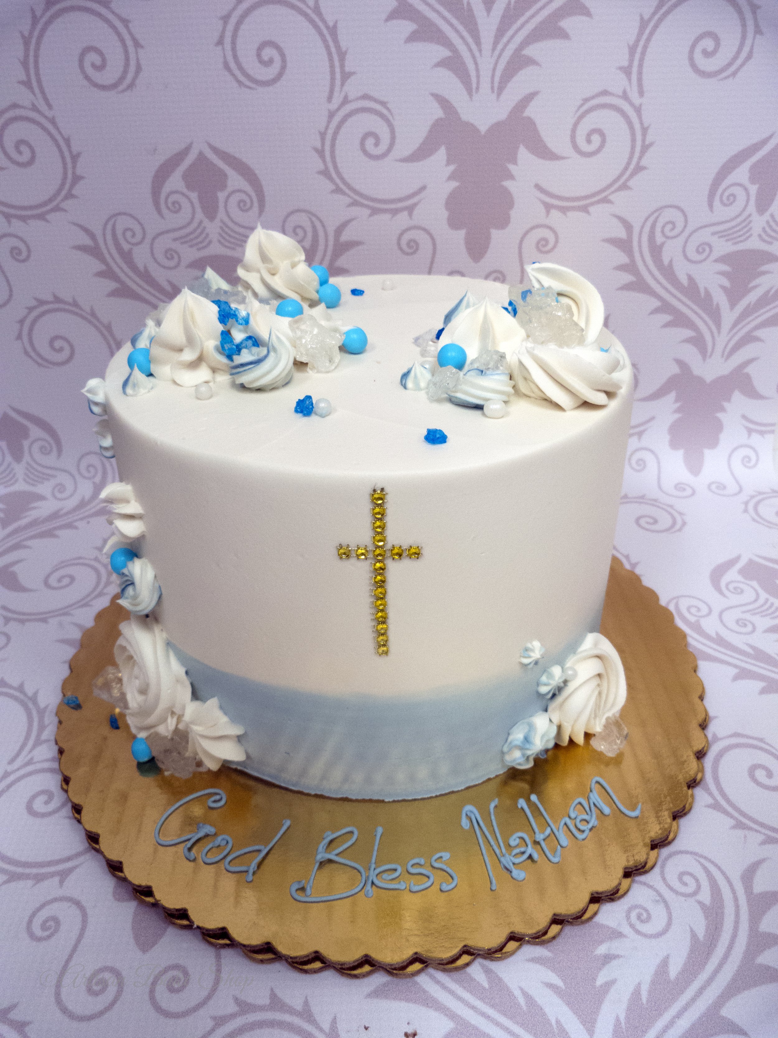 Qt Cakes - Baby boy baptism cake! White vanilla with buttercream rosette  frosting. | Facebook