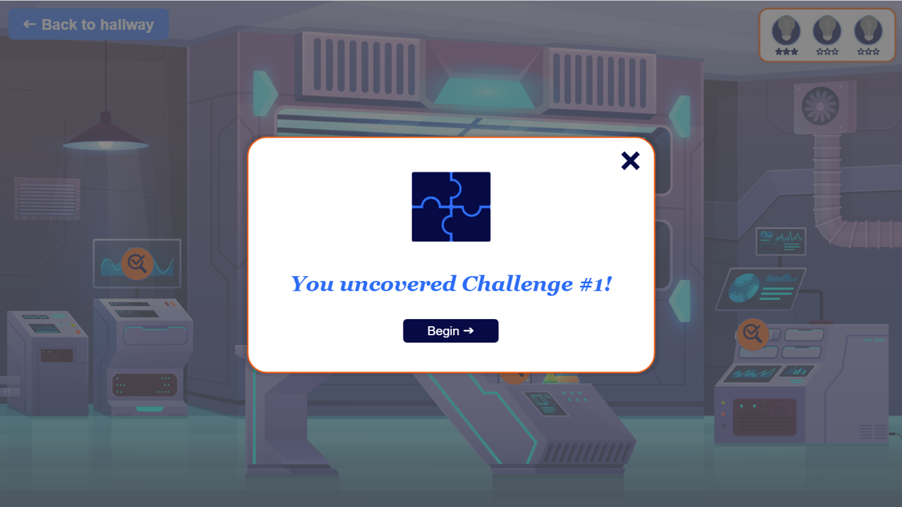 Video game scene with a pop-up message saying "You uncovered Challenge #1!" and a begin button. The background shows a futuristic laboratory with machines and screens.