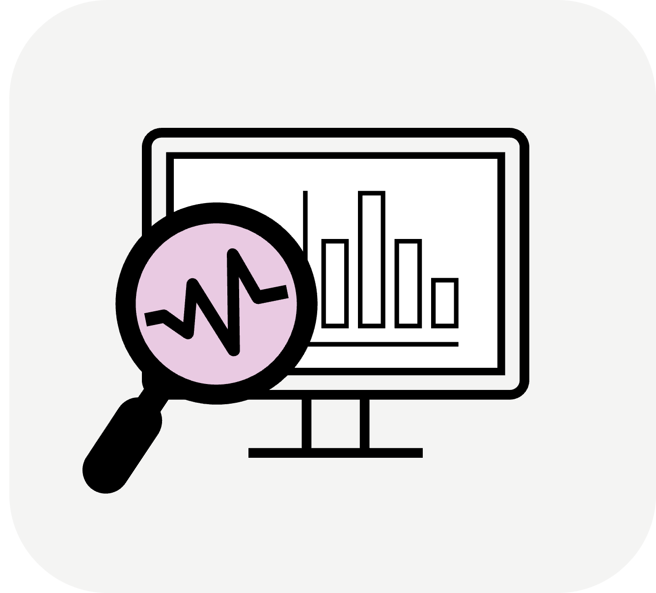 An illustration of a computer monitor displaying a bar chart, with a magnifying glass suggesting the data is being analyzed.