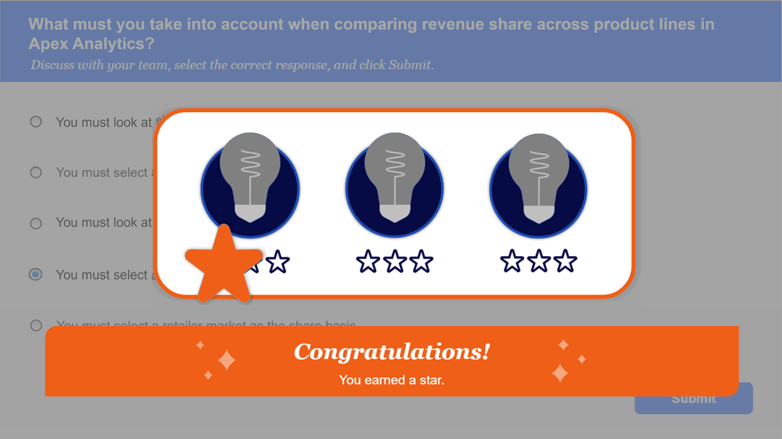 A digital quiz interface showing three light bulb icons for a multiple-choice question about revenue share in Apex Analytics. The first icon has a single star underneath, indicating the selected answer. A large orange banner at the bottom reads "Congratulations! You earned a star." with decorative sparkles.