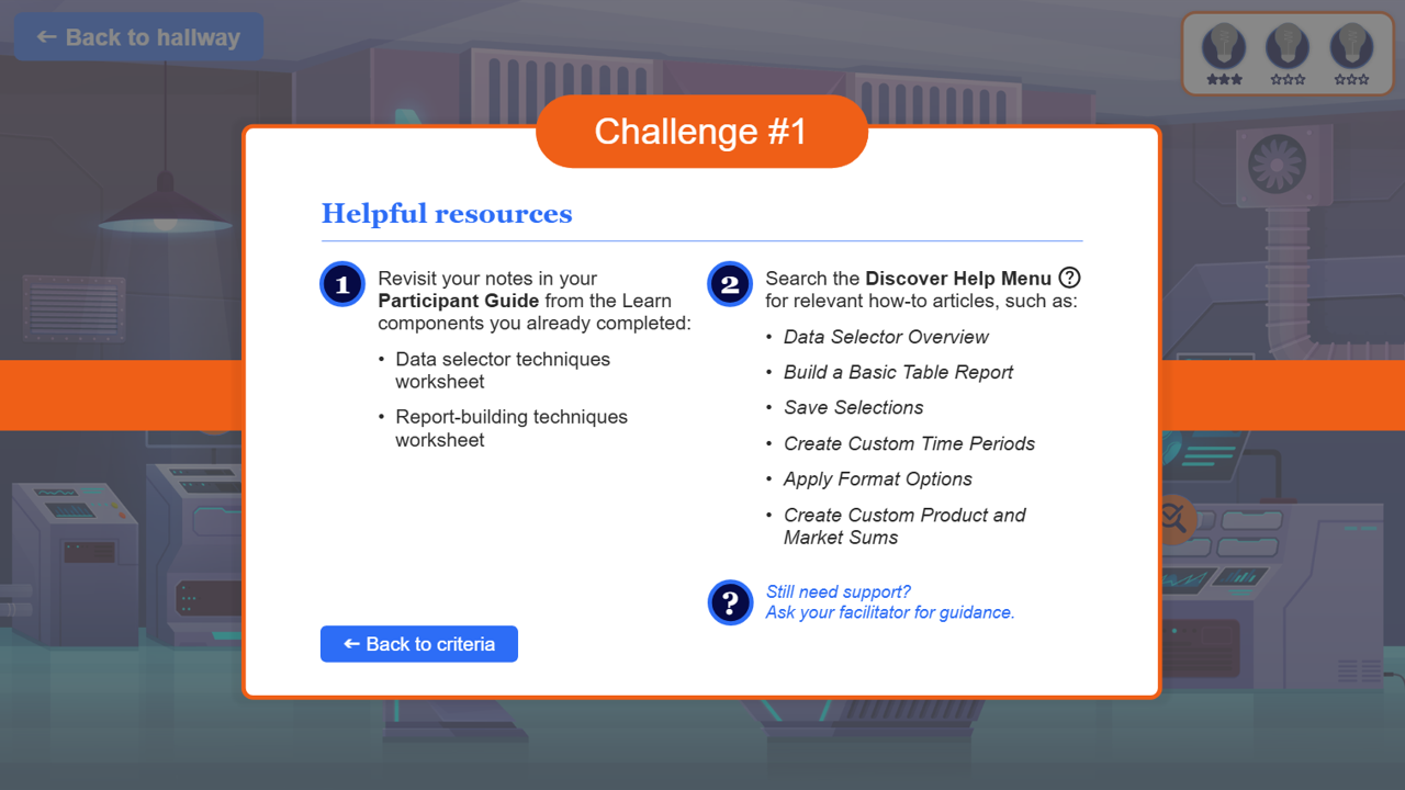 Screenshot of instructional content titled 'Challenge #1' with helpful resources and steps for completing a data analysis task, including revisiting notes, searching the Discover Help Menu for how-to articles, and asking for facilitator guidance.