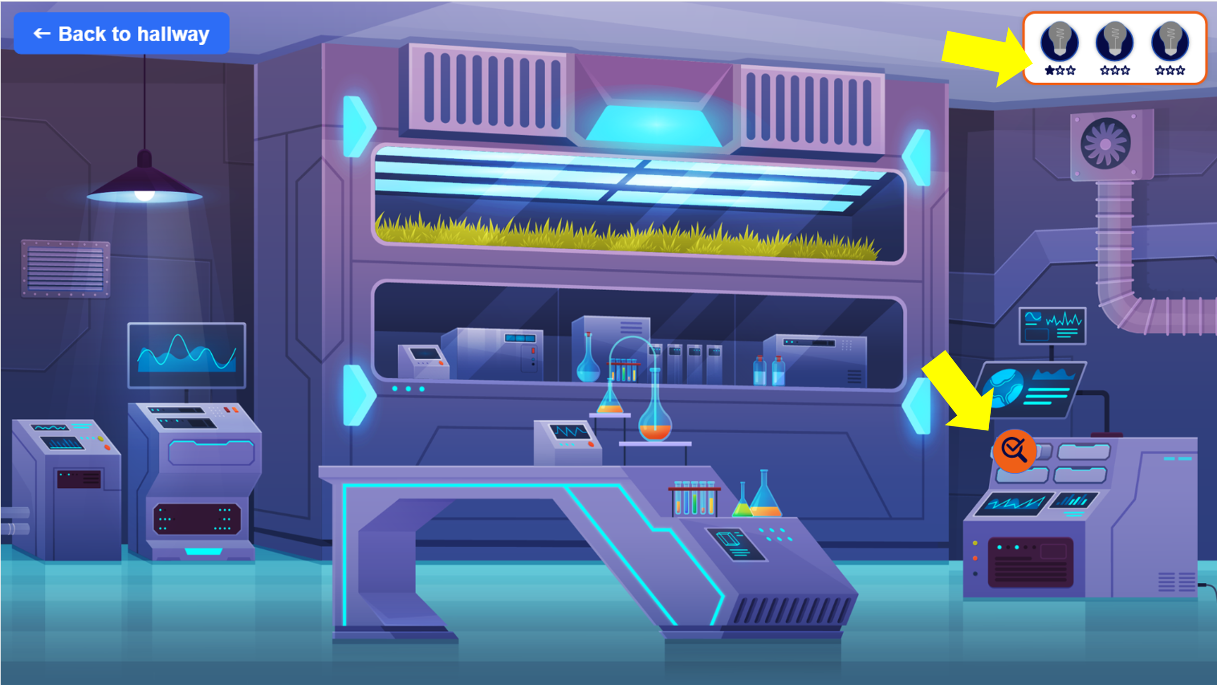 A futuristic laboratory with scientific equipment, computer screens displaying data, and a plant growing under a fluorescent light. The scene includes a control panel, laboratory glassware, and various machines, with an interface showing a dock with a back-to-hallway button and a rating system.