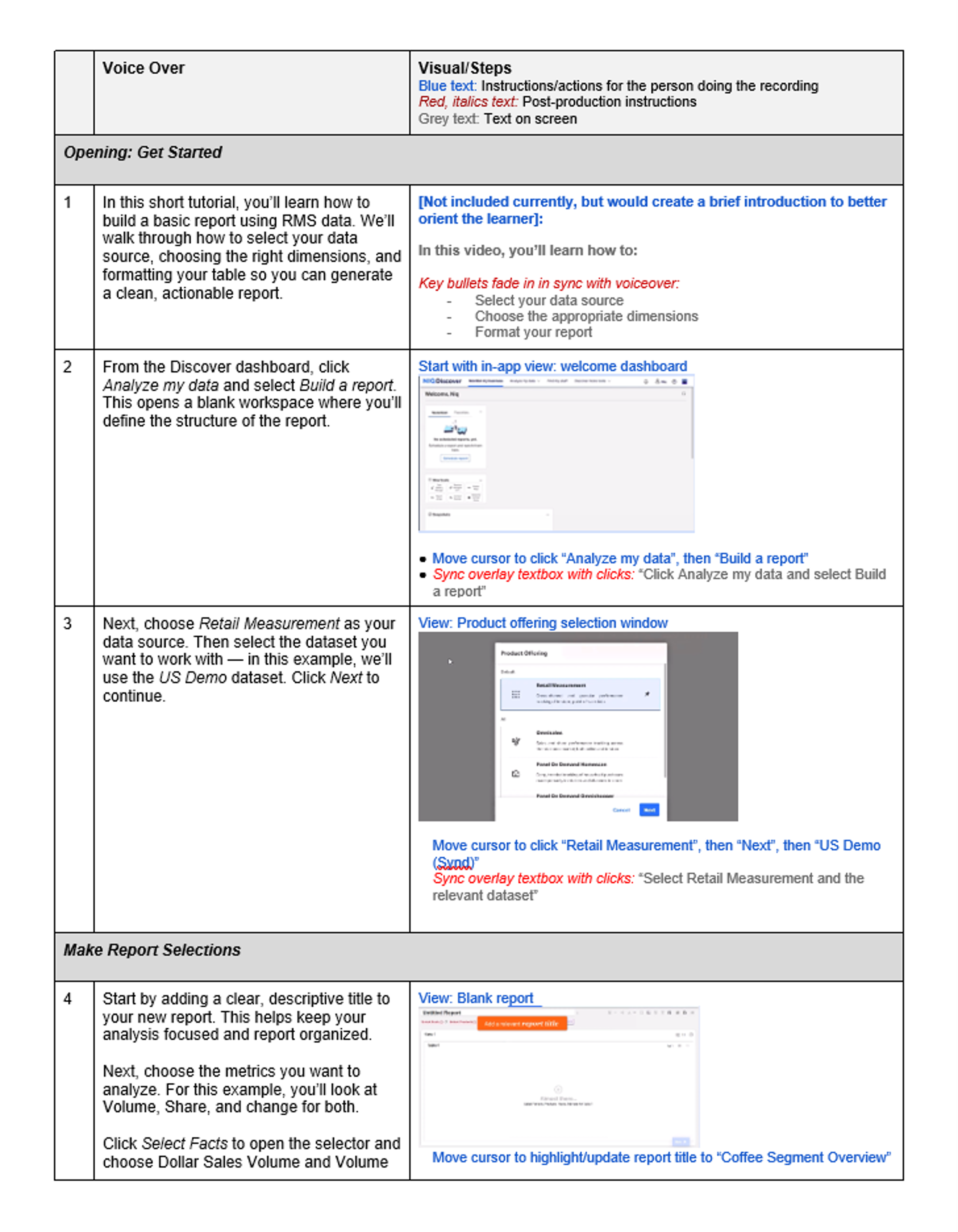 Screenshot of a tutorial with text instructions and multiple images explaining how to build a report using specific software. The document includes sections with numbered steps, visual images of the interface, and color-coded instructions for actions.