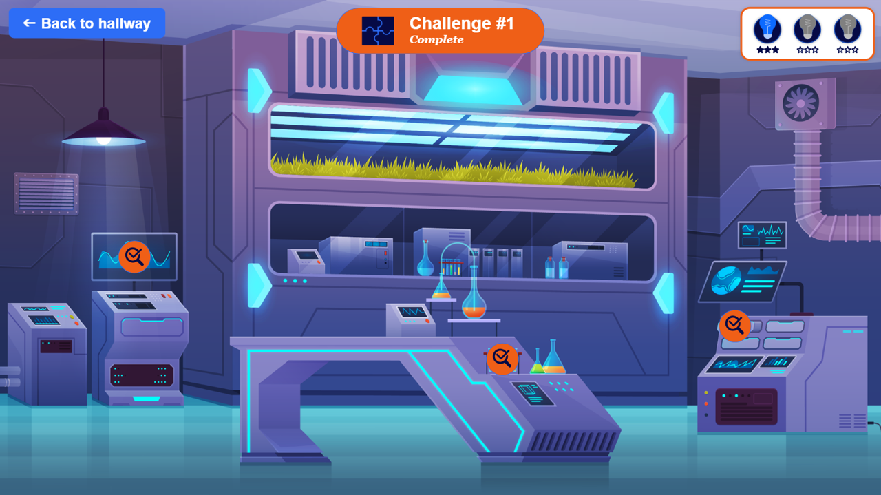 A futuristic laboratory with various scientific equipment and monitors. A sign at the top indicates that Challenge #1 is complete. The room contains test tubes, beakers, and high-tech devices, with the background showing a large enclosed grow chamber with grass inside.