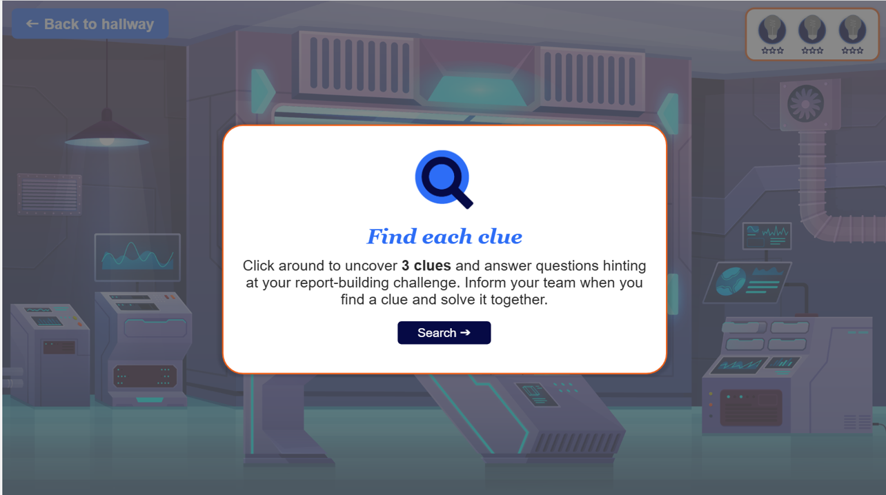 A virtual game screen with a puzzle challenge titled "Find each clue." The background shows a futuristic laboratory or control room with machinery, monitors, and pipes. The central pop-up window has a magnifying glass icon and instructions to click around to find three clues and answer questions. There is a 'Search' button at the bottom of the pop-up.