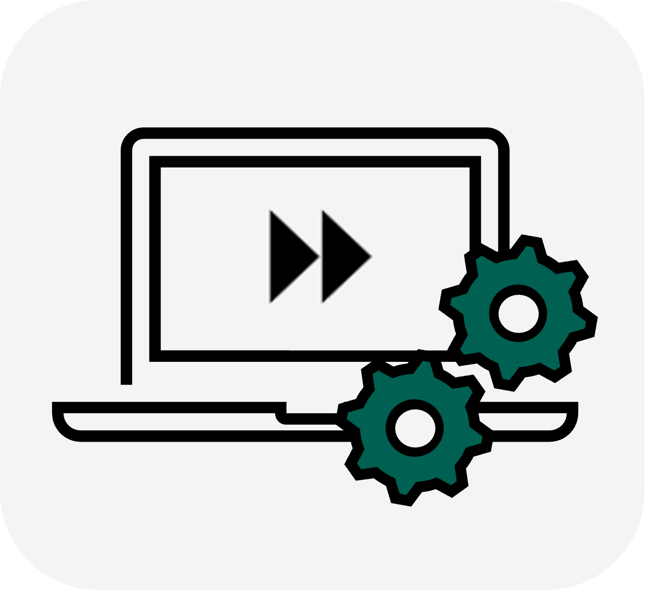 Laptop screen with two forward pointing arrows and gears representing the program's goal of getting users started quickly with the essential skills needed to leverage the data source.