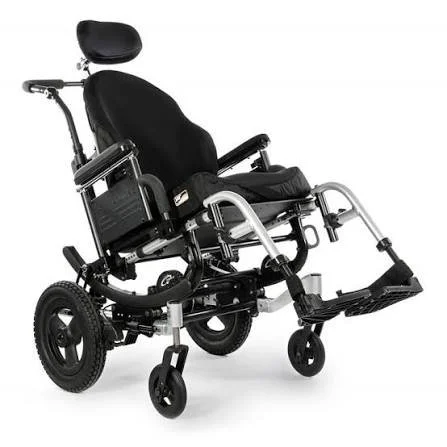 Electric wheelchair with black seat and backrest, headrest, and footrest, designed for individuals with mobility impairments.
