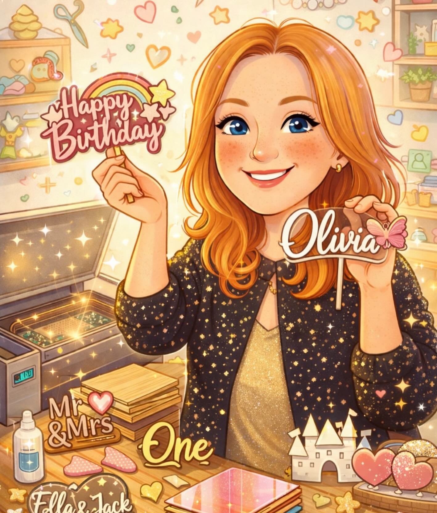 Asked AI to create a caricature of me and my business.
Doesn&rsquo;t really look like me&hellip; but it definitely knows me. 
Acrylic cake toppers, acrylic &amp; creativity everywhere!