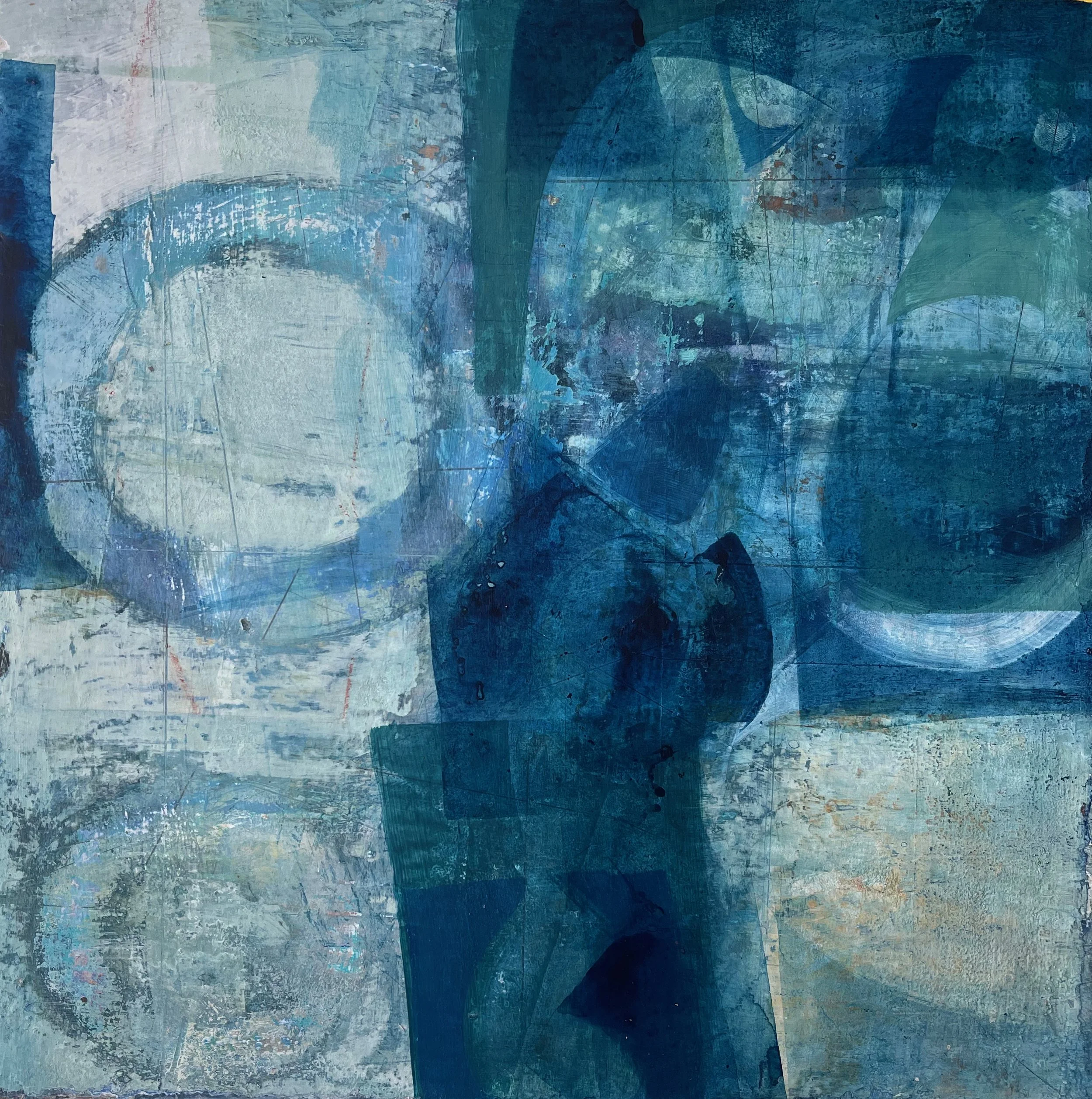 Abstract painting with shades of blue, green, and gray, textured with brush strokes and some random marks and scratches.