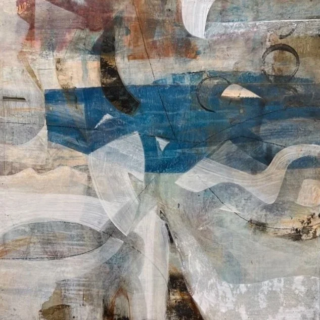Abstract painting with swirling shapes in shades of blue, white, gray, and black.