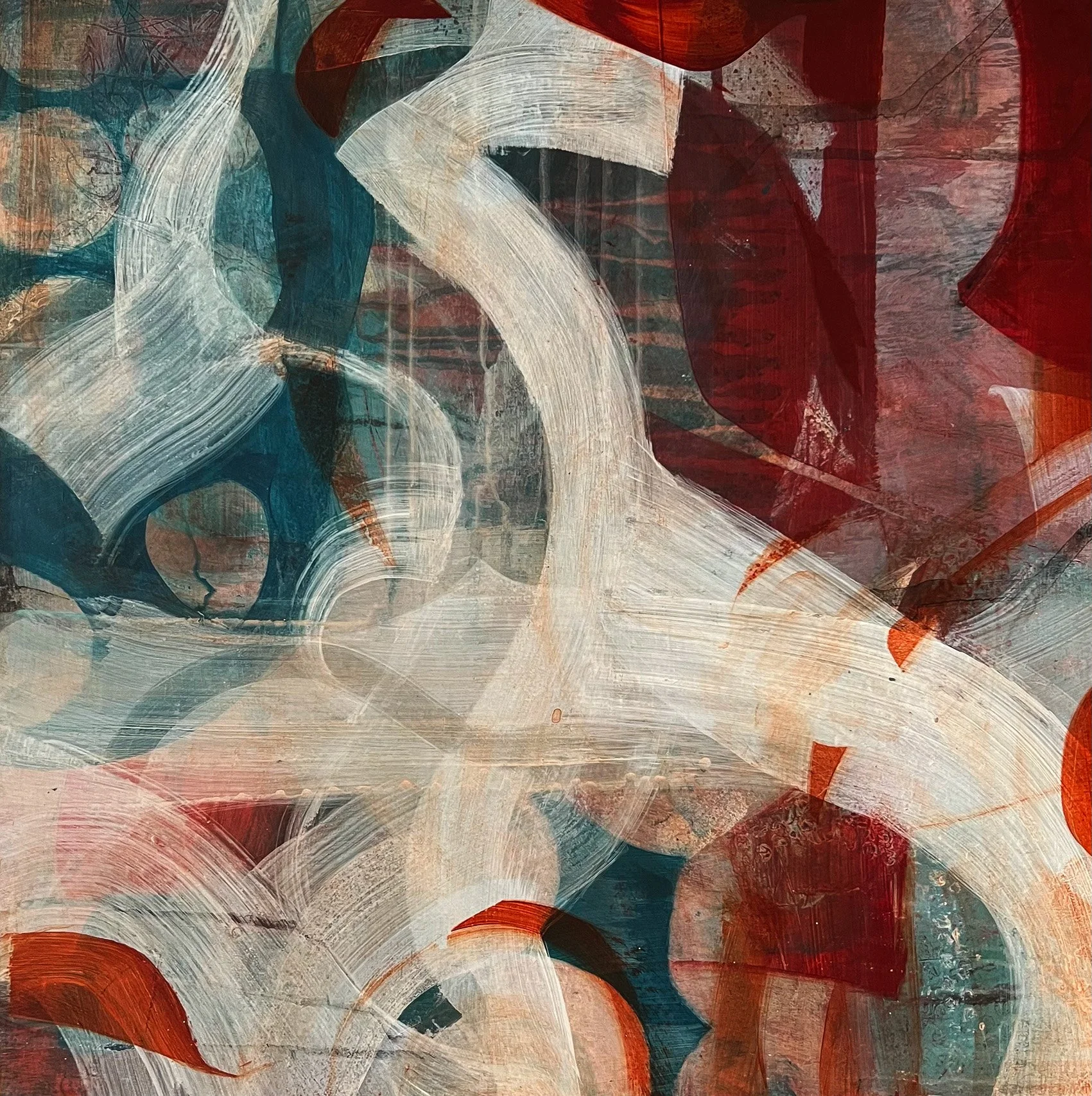 Abstract painting with bold brushstrokes in shades of red, white, black, and teal, creating a dynamic composition.