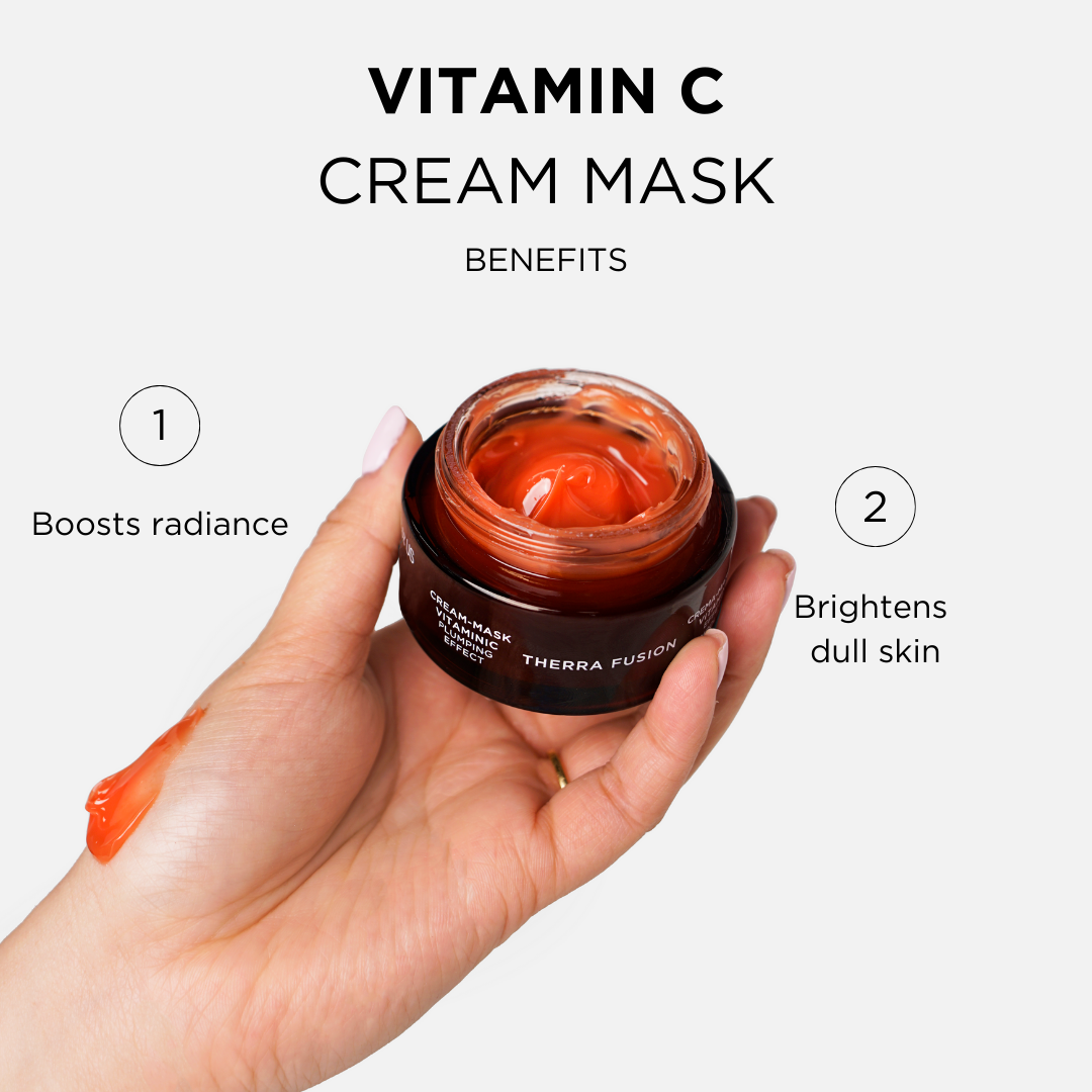 Vitamin C cream mask with highlighted benefits, including boosting radiance and brightening dull skin.