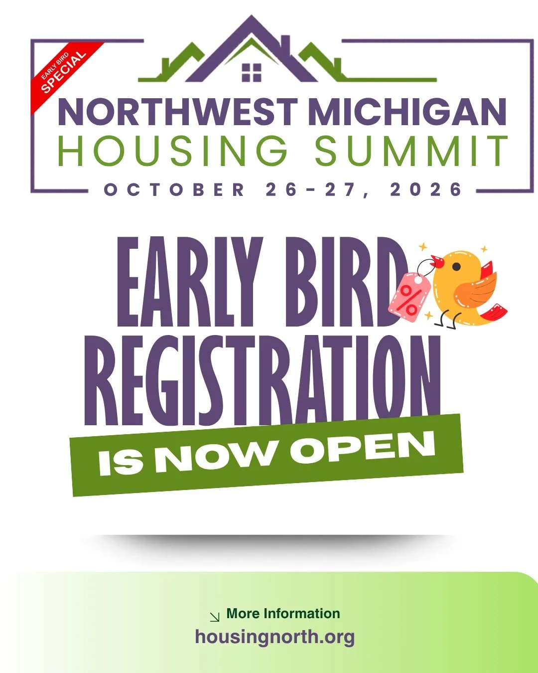 🐦 EARLY BIRD REGISTRATION IS OPEN!

The 2026 Northwest Michigan Housing Summit is coming this fall! Join us for two days of connection, learning, and action as we bring together the people working to move housing forward across Northwest Michigan.

