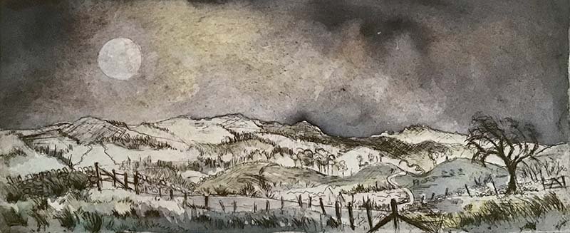 'Langstrothdale', etching and watercolour, 200 x 100mm