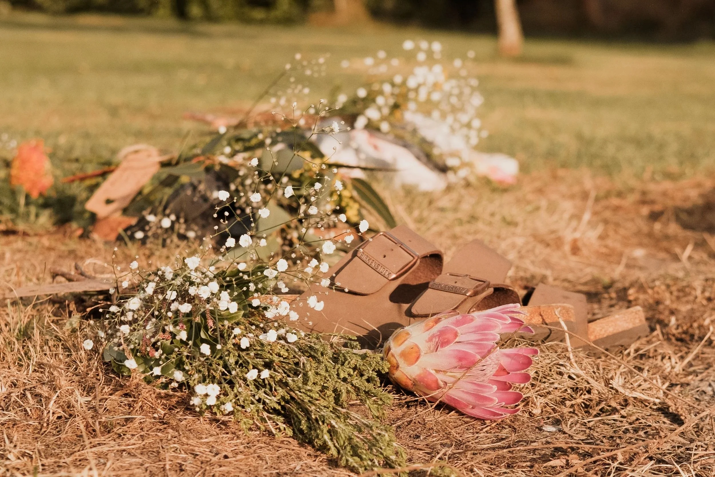 A memorial site with flowers, a slice of protea flower, and remembrance items on the ground in a park.