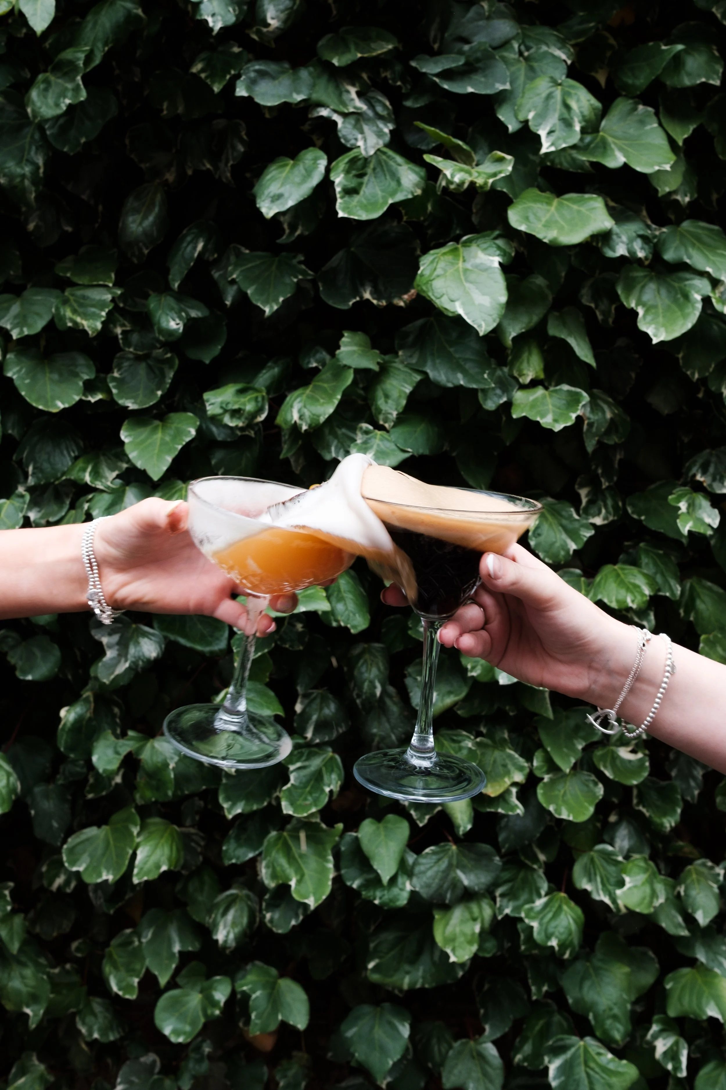 Two people toasting with cocktails against a leafy green background, one holding a beer and the other a dark stout.