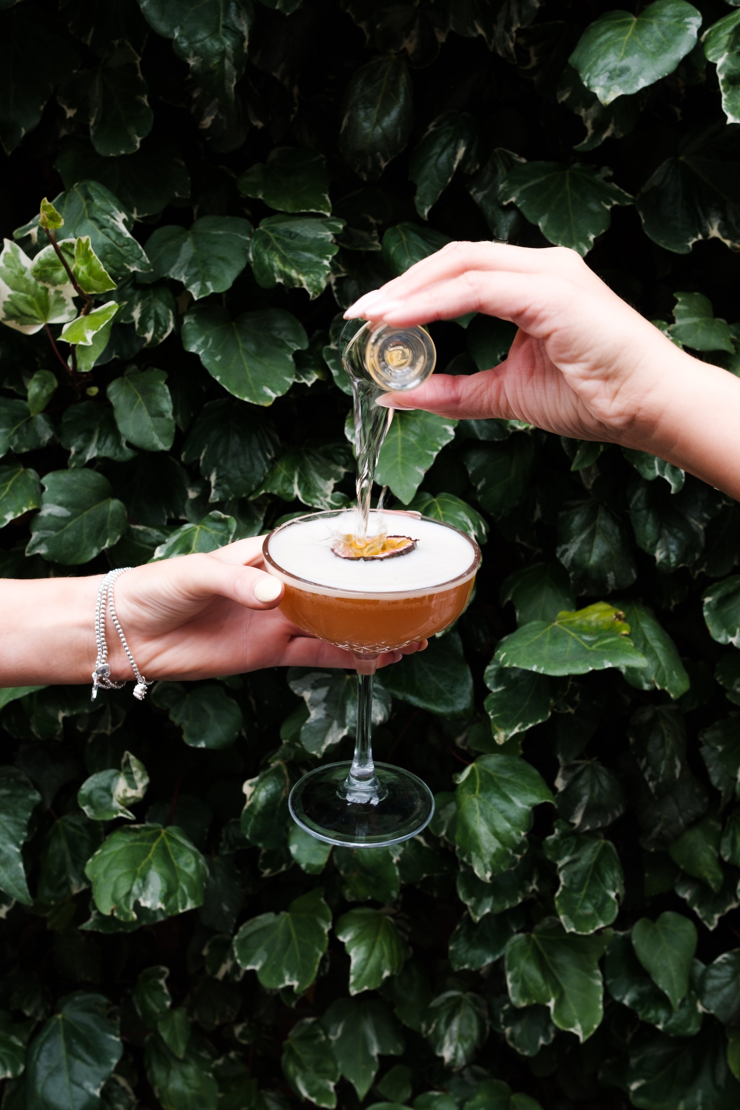 Two hands, one with a bracelet, serve a cocktail in a coupe glass with foam and a citrus slice garnish against a background of dark green ivy leaves.