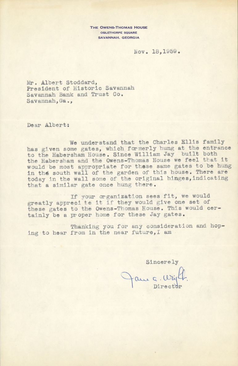 Letter from Jane Write in her capacity as curator at the Owens-Thomas House