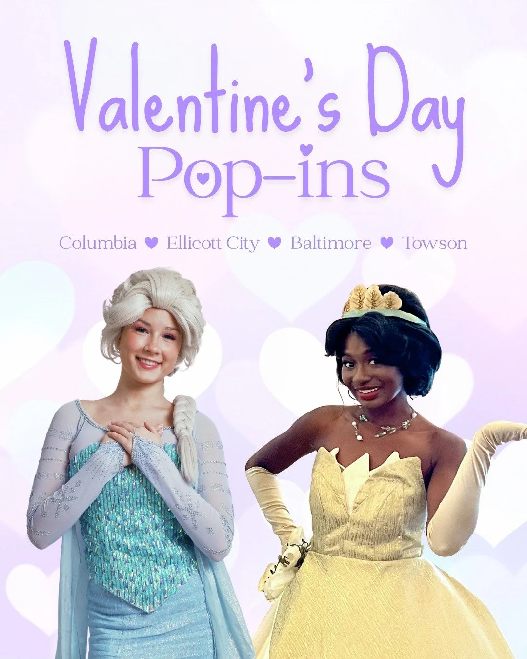 A quick visit, a big smile, and a memory they&rsquo;ll talk about all year! 💕 

Glass Palace Parties is offering 10 minute Valentine Princess Pop-In Visits with:

❄️ Elsa in Columbia and Ellicott City (Howard County)
🐸 Tiana in Baltimore and Towson