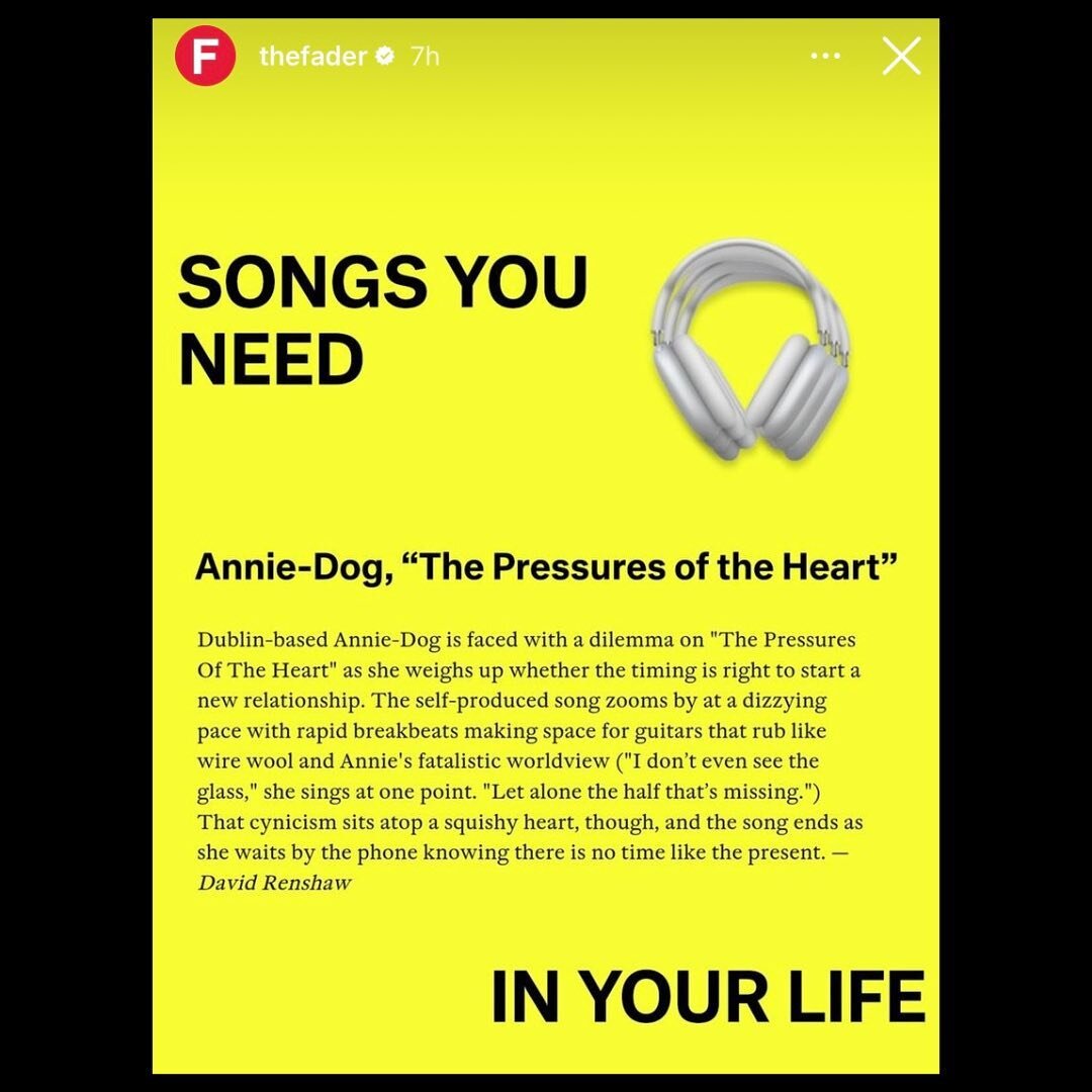 Debut single &lsquo;The Pressures of the Heart&rsquo; by the brilliant @anniedogmusic named by @thefader as a Song You Need In Your Life 🎧❤️

New music on the way from Annie-Dog very soon&hellip;