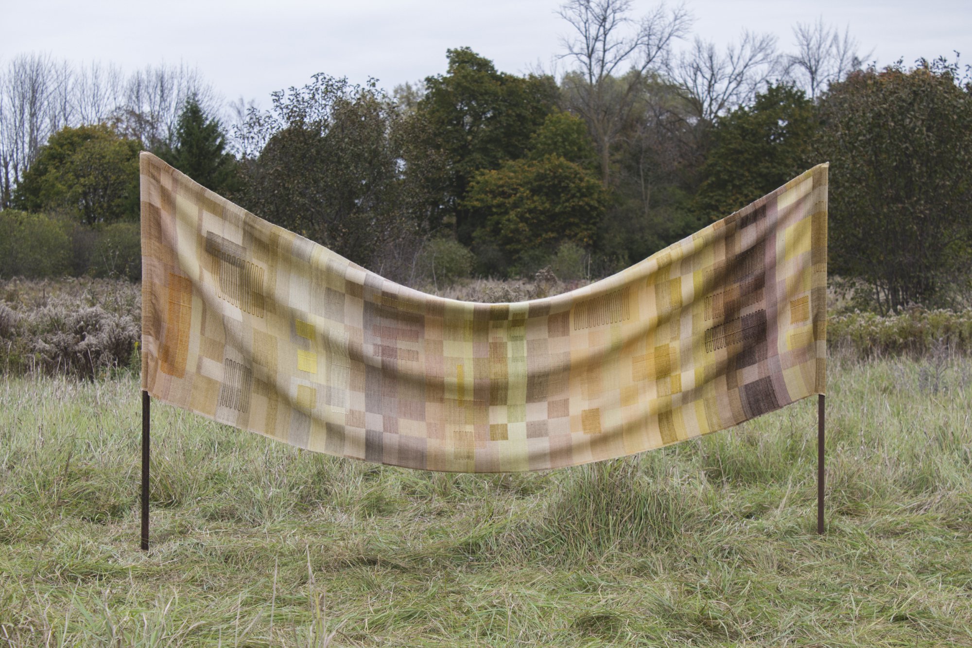 "Woven Timeline", polychrome summer & winter, Cotton, cottolin, linen, wool, silk, yak. Naturally dyed with wild plants harvested in Guelph, Ontario, 92 x 275 cm, 2021