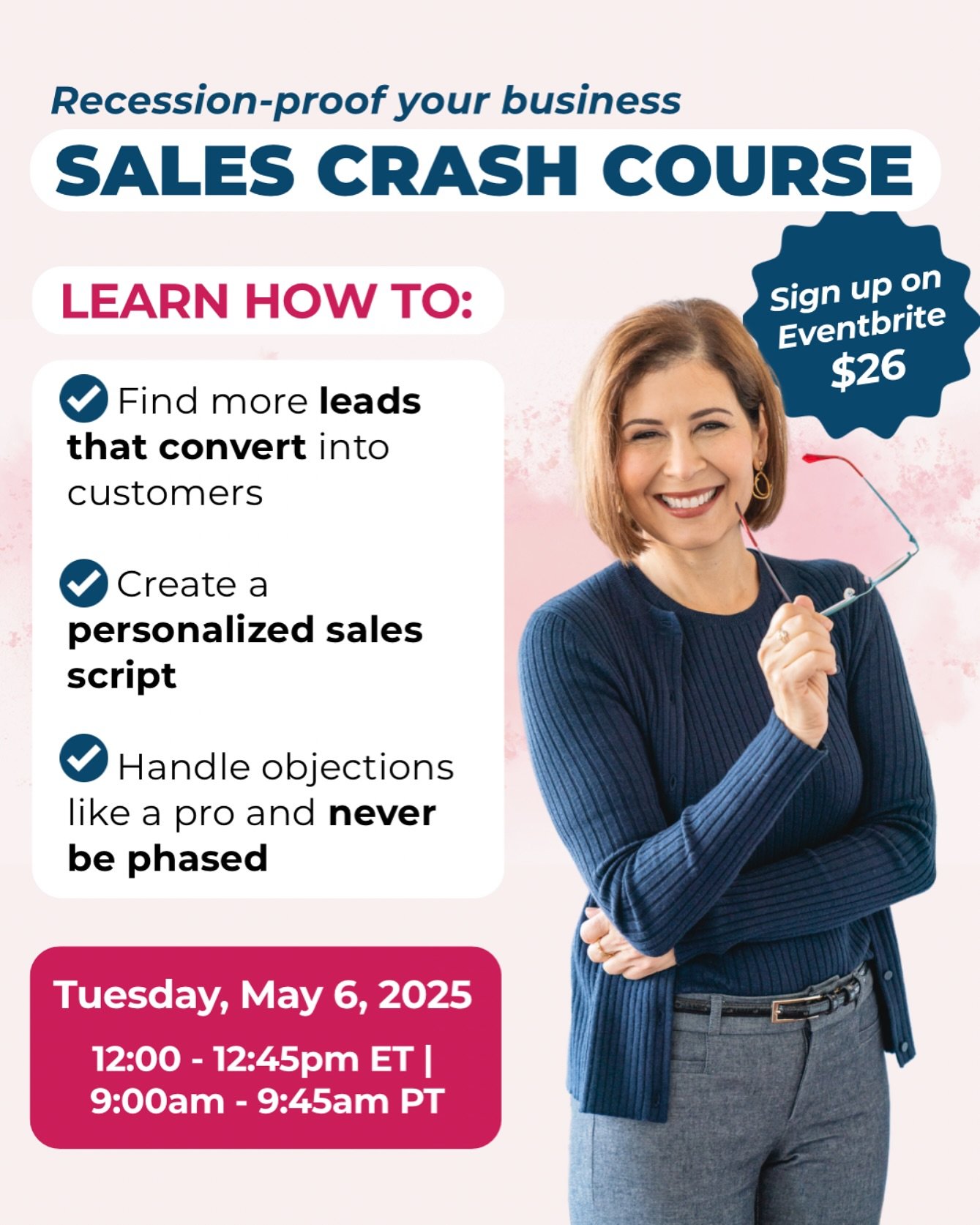 Economy going crazy? Oh yeah.
But learning to sell is the BEST THING you can do to recession-proof your business 🫵
Join me TOMORROW May 6th, for a Sales Crash Course that’ll teach you how to sell with confidence and close deals like a pro. Y