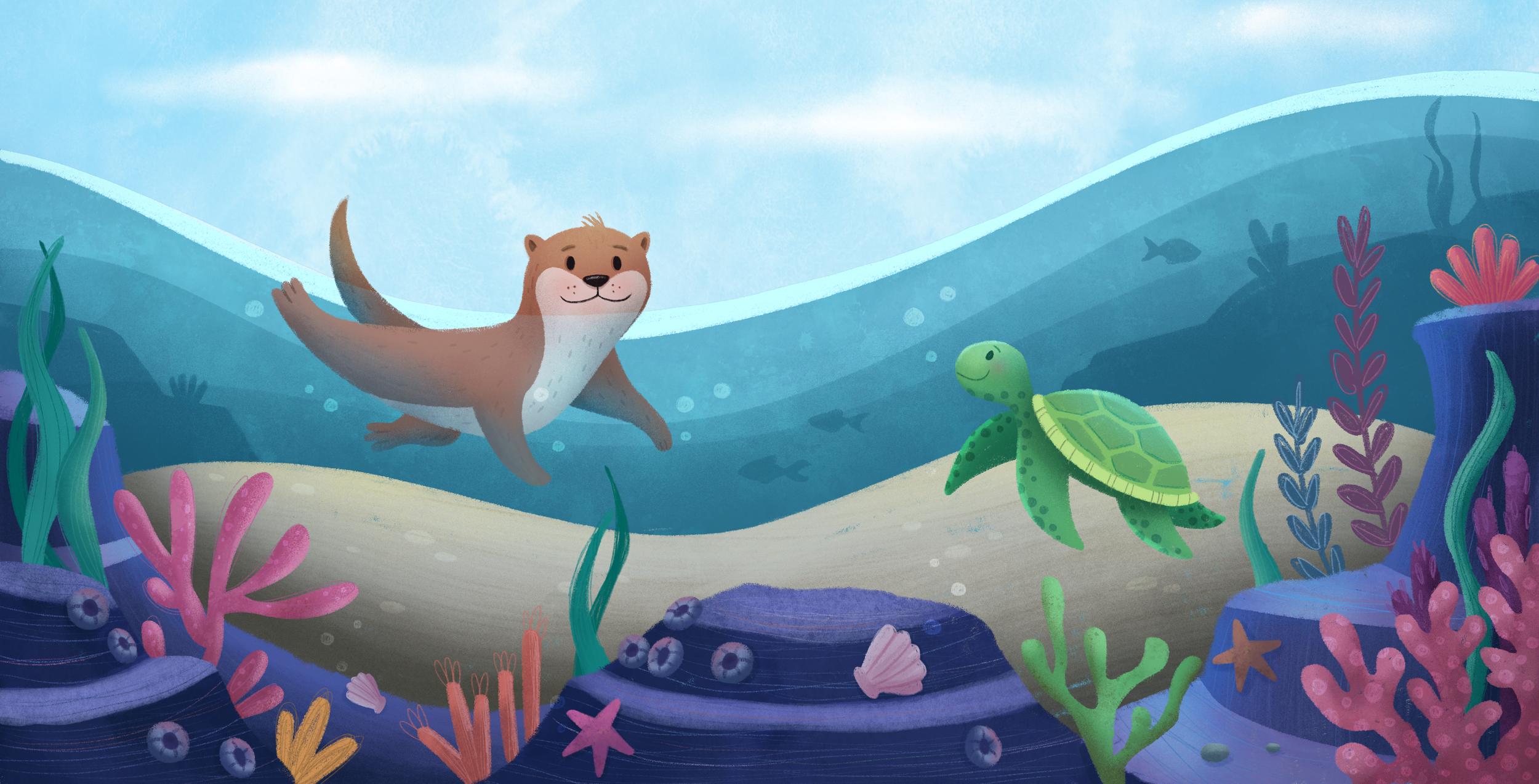 Underwater illustration of a friendly otter and cute turtle swimming in the sea.
