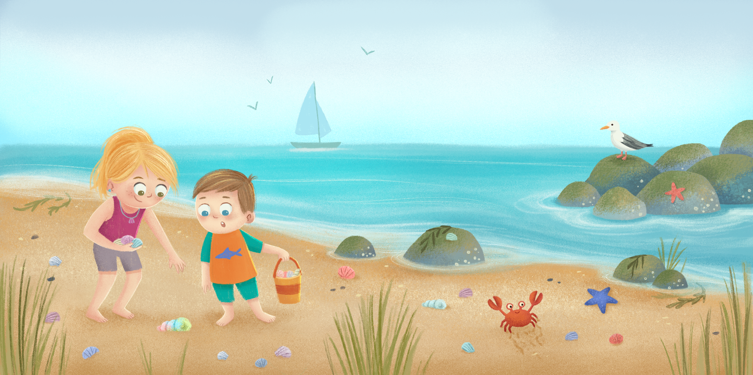 Illustration of kids searching the beach for seashells. A crab waddles along and there is a seagull on a rock.