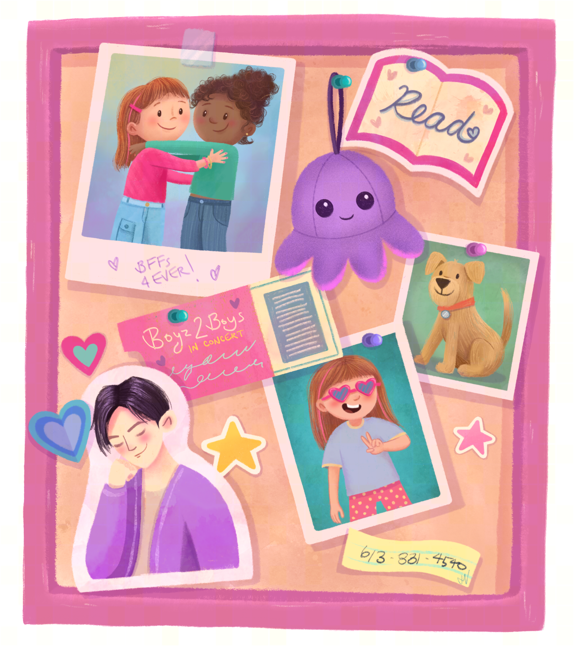 Collage board with illustrations of friends posing, a plush purple octopus toy, a dog picture, and decorative stickers.