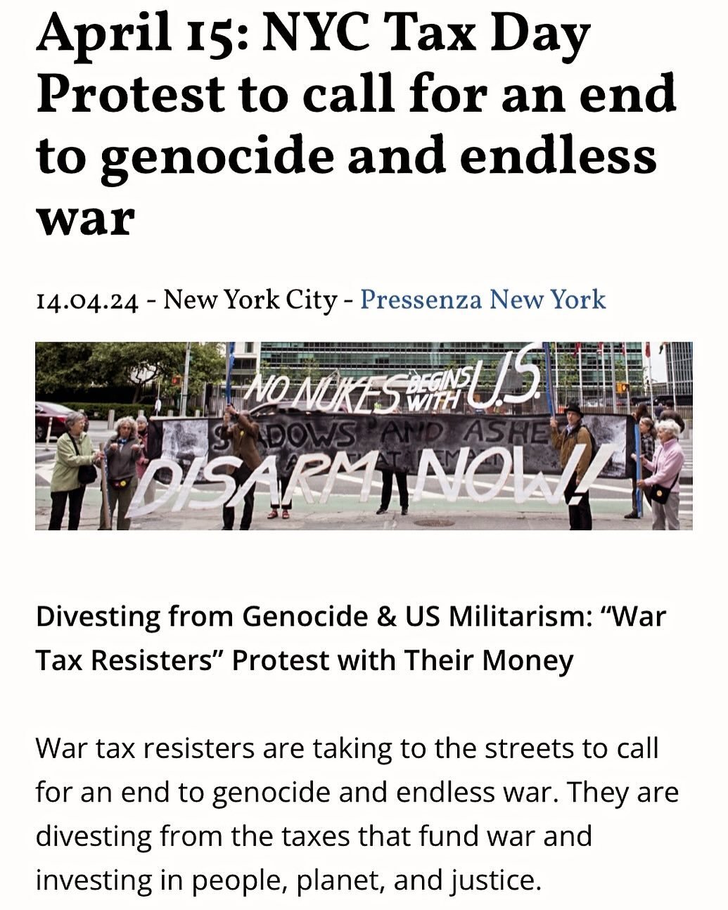 Tax day in the US: It&rsquo;s said taxes represent collective contribution toward shared goals and public good&hellip; yet it goes toward  arming and funding a genocide in Gaza (Over 3 bill a yr. in military aid to Israel). None of our institutions/s