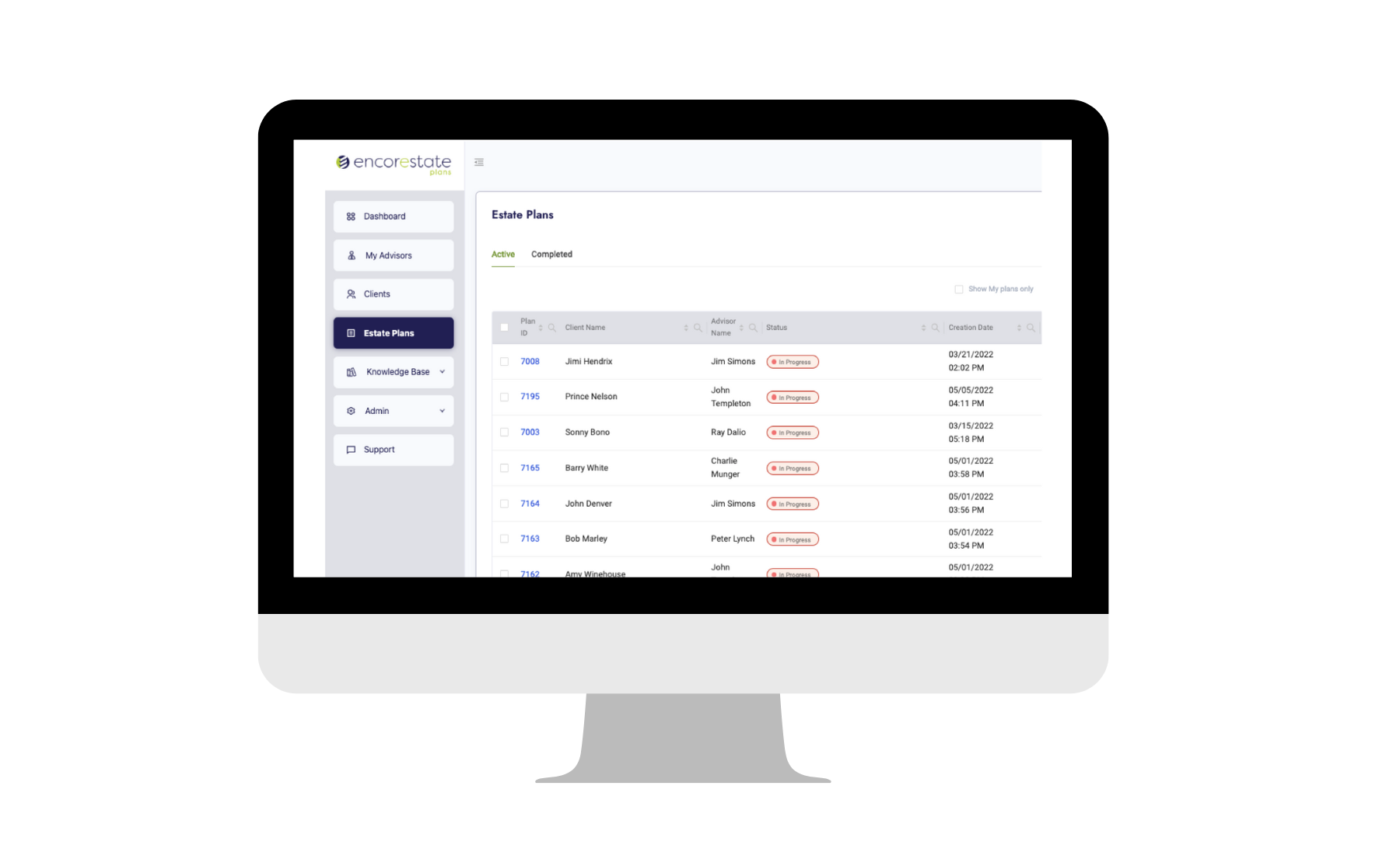 Computer screen displaying an estate planning software interface showing a list of clients with status, advisor name, and creation date.