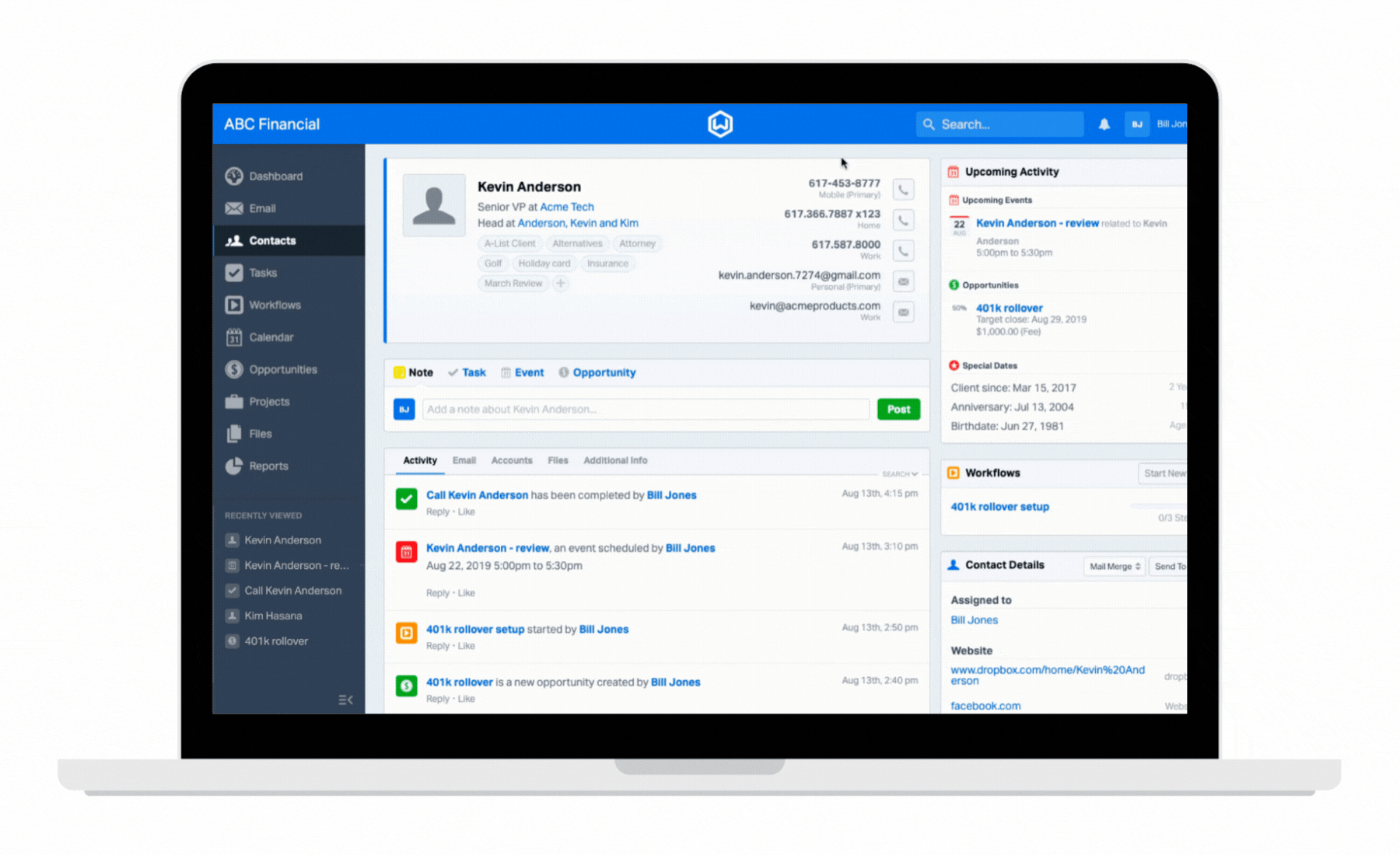 CRM software dashboard on laptop screen displaying contact information and activities for "Kevin Anderson." The interface includes navigation menus for dashboard, email, contacts, tasks, workflows, calendar, opportunities, projects, files, and reports. Upcoming activities, workflows, and contact details are shown on the right side.