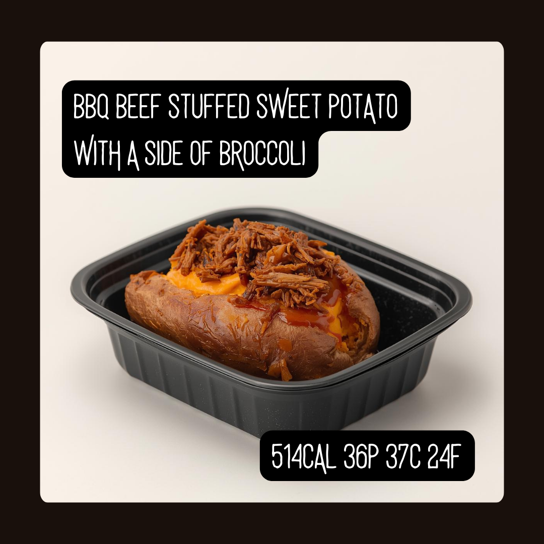 BBQ beef stuffed sweet potato with side of broccoli