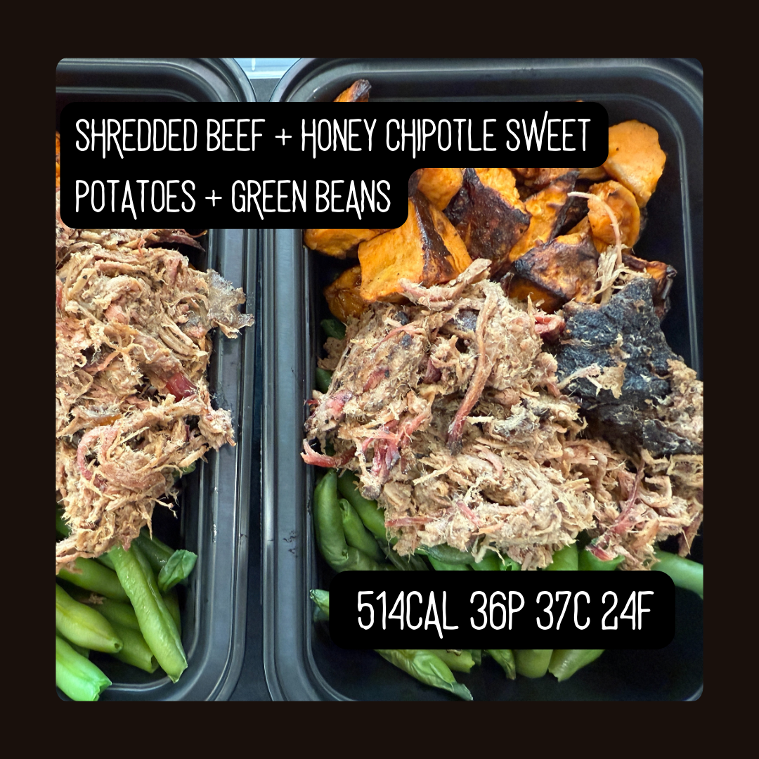 Shredded beef with honey chipotle sweet potatoes and oven roasted green beans