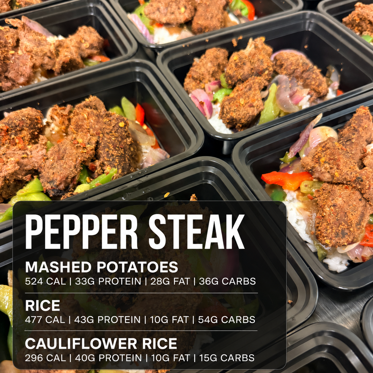 Pepper steak with savory sauce and choice of side