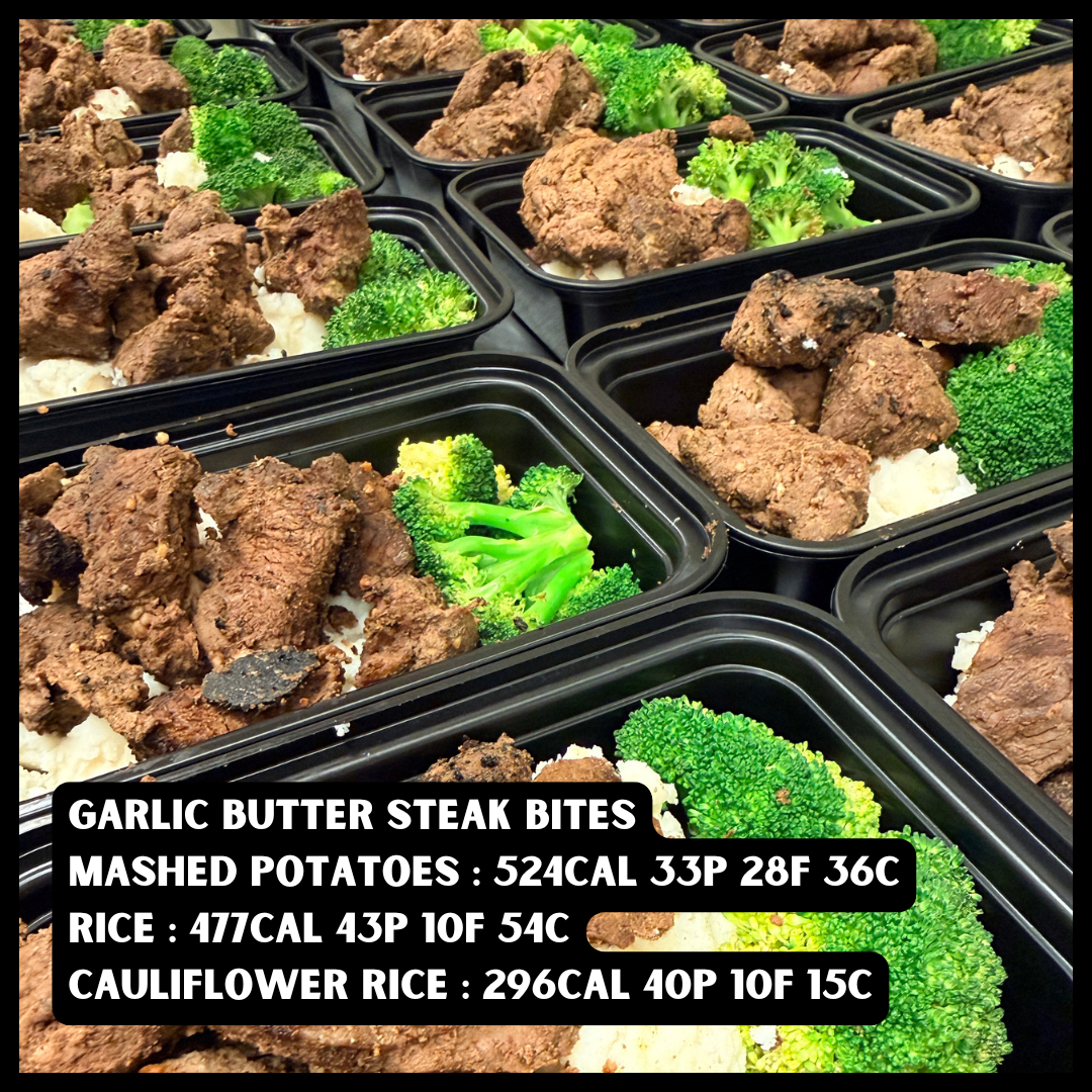 Garlic butter steak tips with broccoli and choice of side