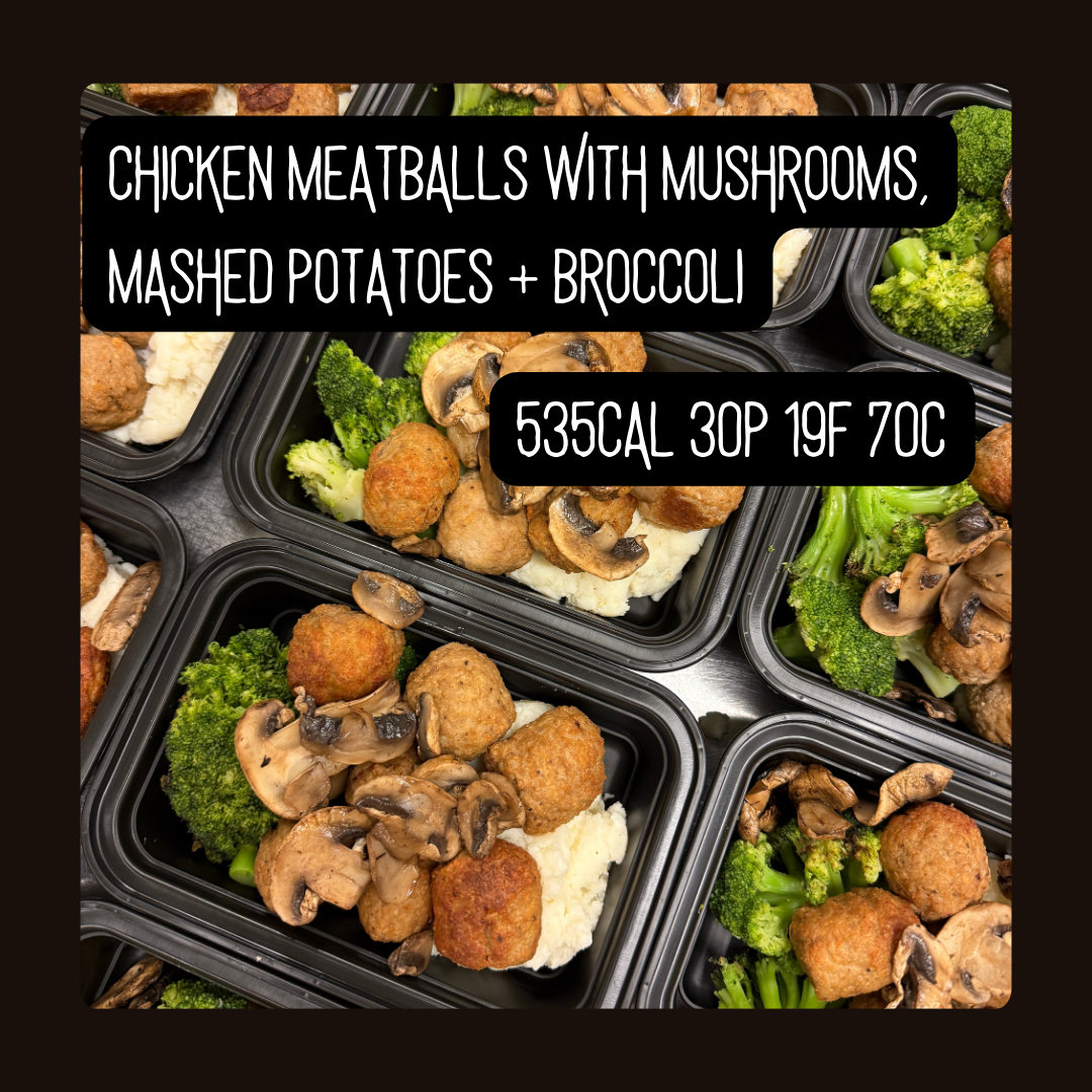 Savory chicken meatballs topped with sautéed mushrooms with mashed potatoes and oven roasted broccoli